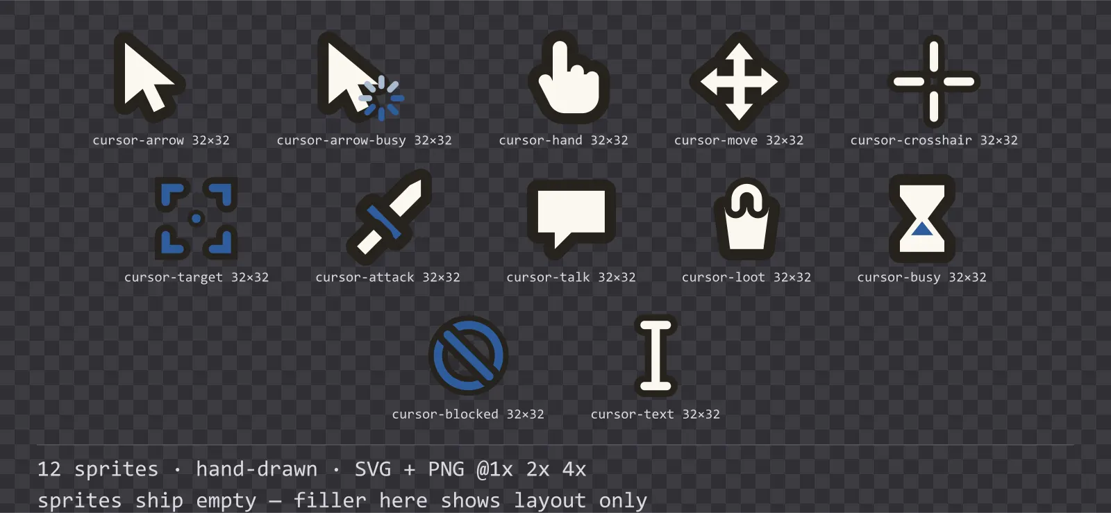 Sheet showing 12 hand-drawn mouse cursors from the Sketch family, arranged on a transparency checkerboard with their pixel sizes printed underneath