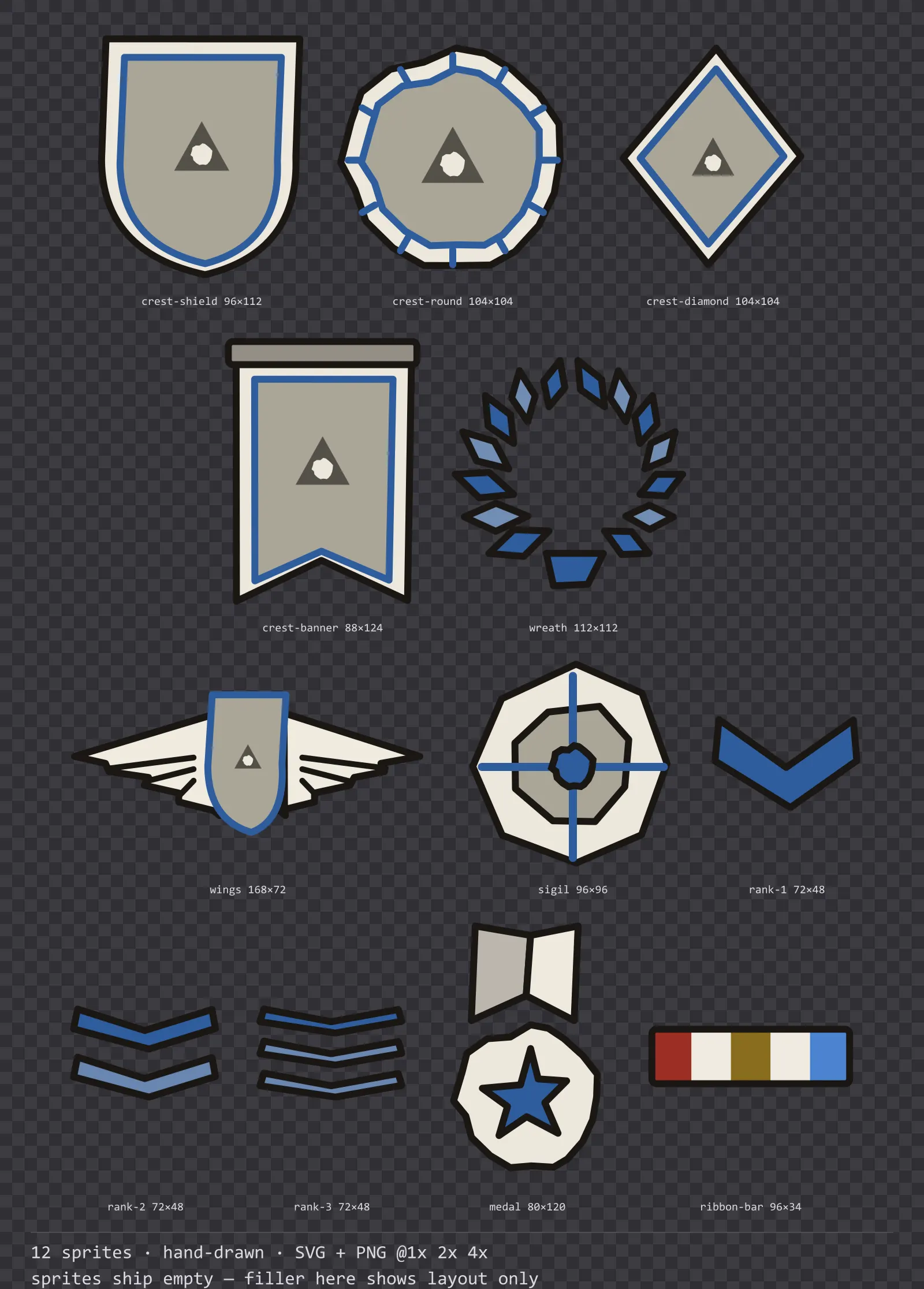 Sheet showing 12 hand-drawn crests, insignia and rank marks from the Sketch family, arranged on a transparency checkerboard with their pixel sizes printed underneath