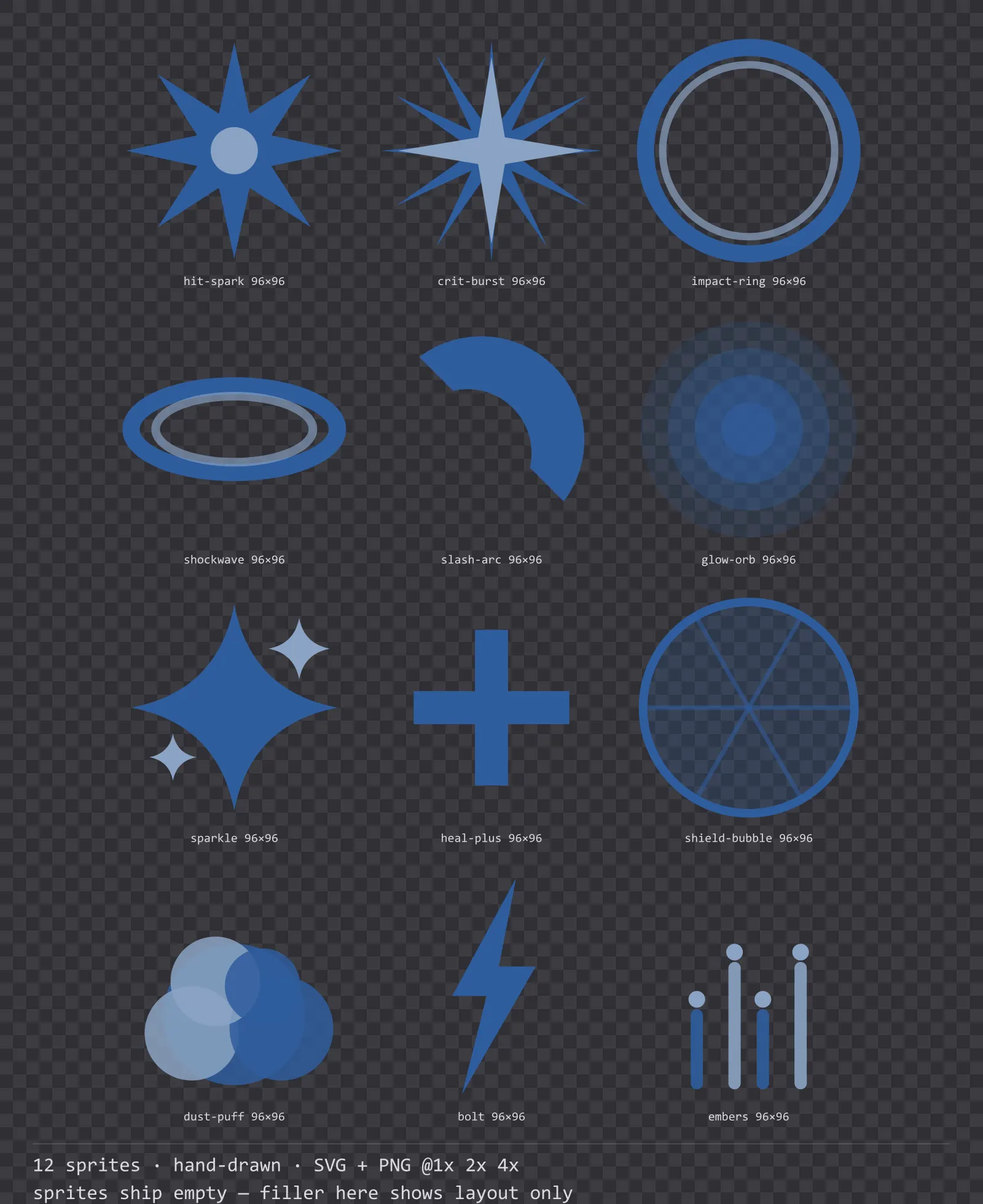 Sheet showing 12 hand-drawn impact and effect sprites from the Sketch family, arranged on a transparency checkerboard with their pixel sizes printed underneath