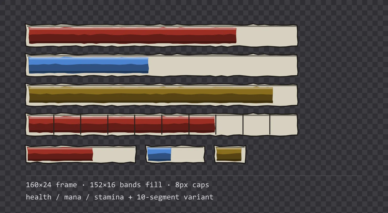 Three horizontal game status bars stacked on a checkerboard background, filled to different levels for health, mana and stamina, with a segmented 10-notch bar and three smaller bars beneath them