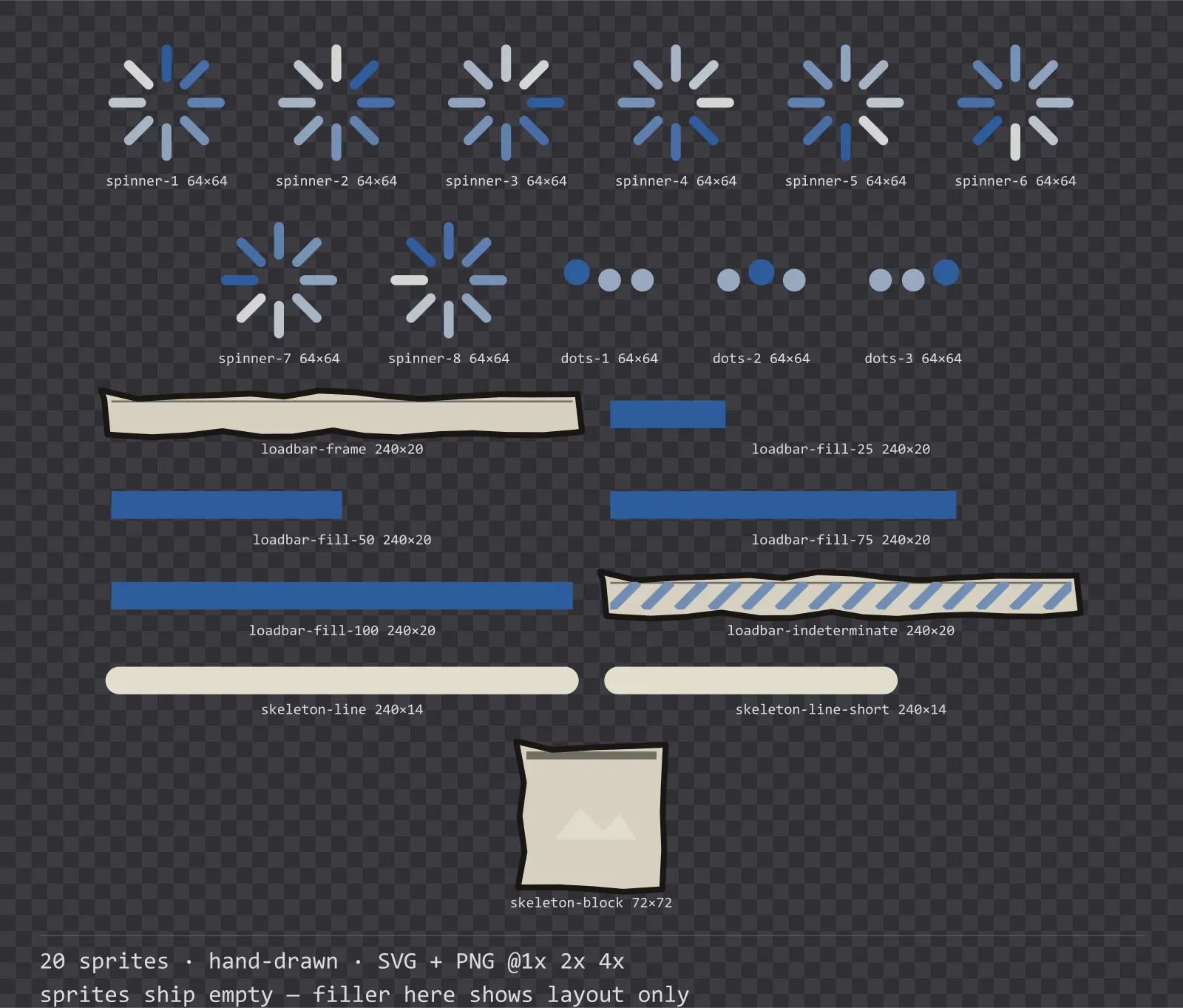 Sheet showing 20 hand-drawn loading and waiting indicators from the Sketch family, arranged on a transparency checkerboard with their pixel sizes printed underneath