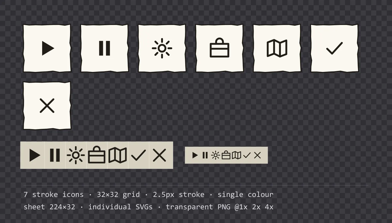 Seven outlined game menu icons on inked notebook tiles, shown large, laid out on a sheet grid, and again at actual 32 pixel size