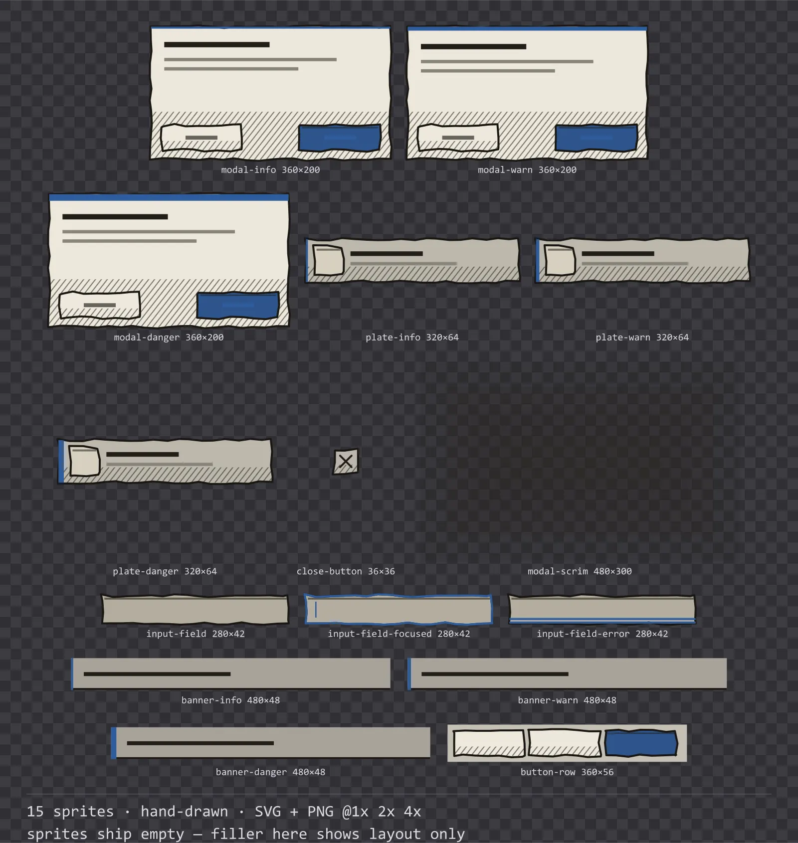 Sheet showing 15 hand-drawn modal dialogs and system notices from the Sketch family, arranged on a transparency checkerboard with their pixel sizes printed underneath