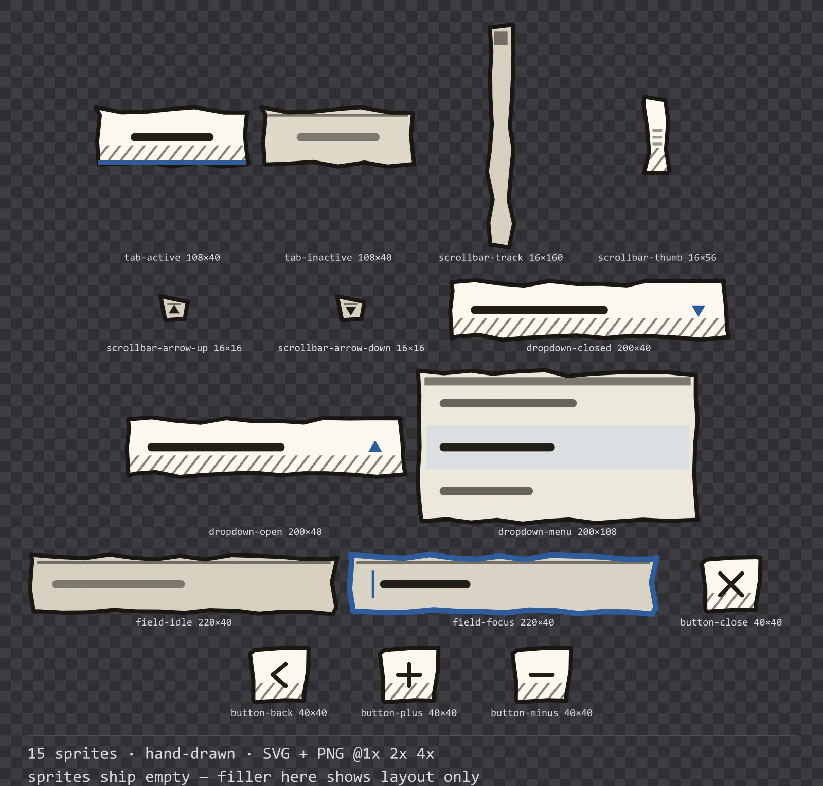Sheet showing 15 hand-drawn navigation and input components from the Sketch family, arranged on a transparency checkerboard with their pixel sizes printed underneath