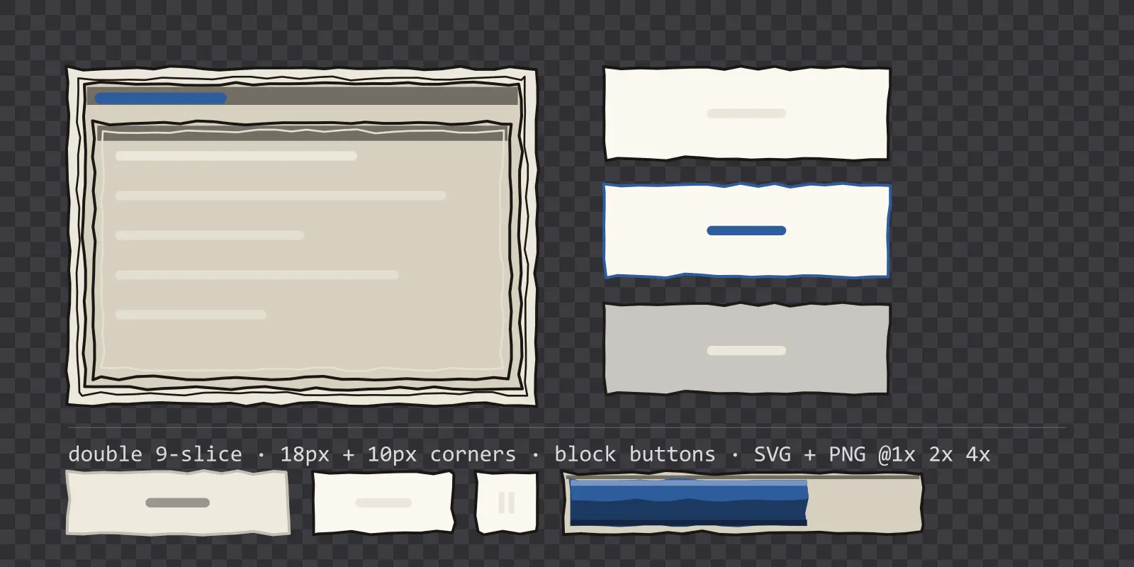 inked notebook game menu panel with a ink blue title strip and a recessed list area, next to a column showing the same square button in default, outlined hover and pushed-in pressed states