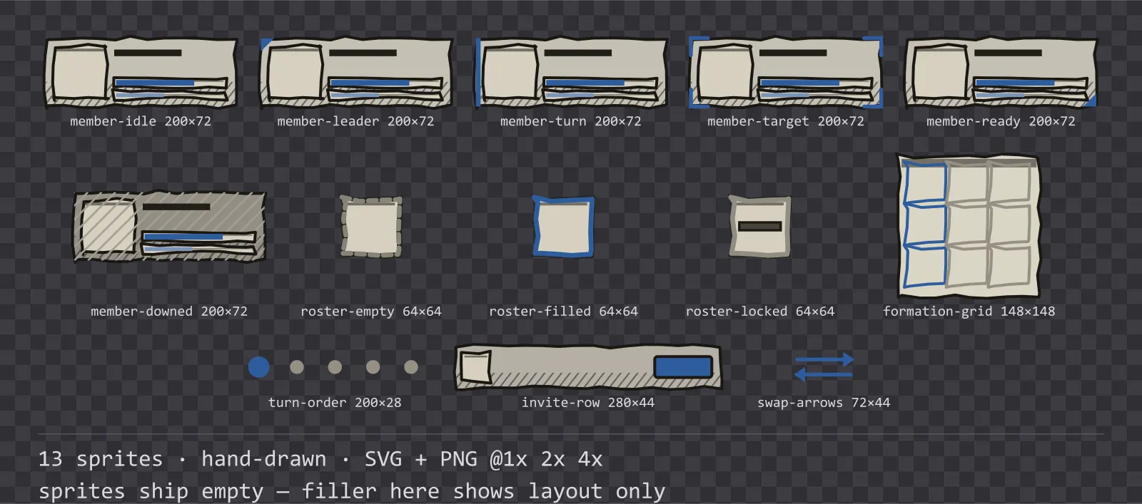 Sheet showing 13 hand-drawn party and roster widgets from the Sketch family, arranged on a transparency checkerboard with their pixel sizes printed underneath