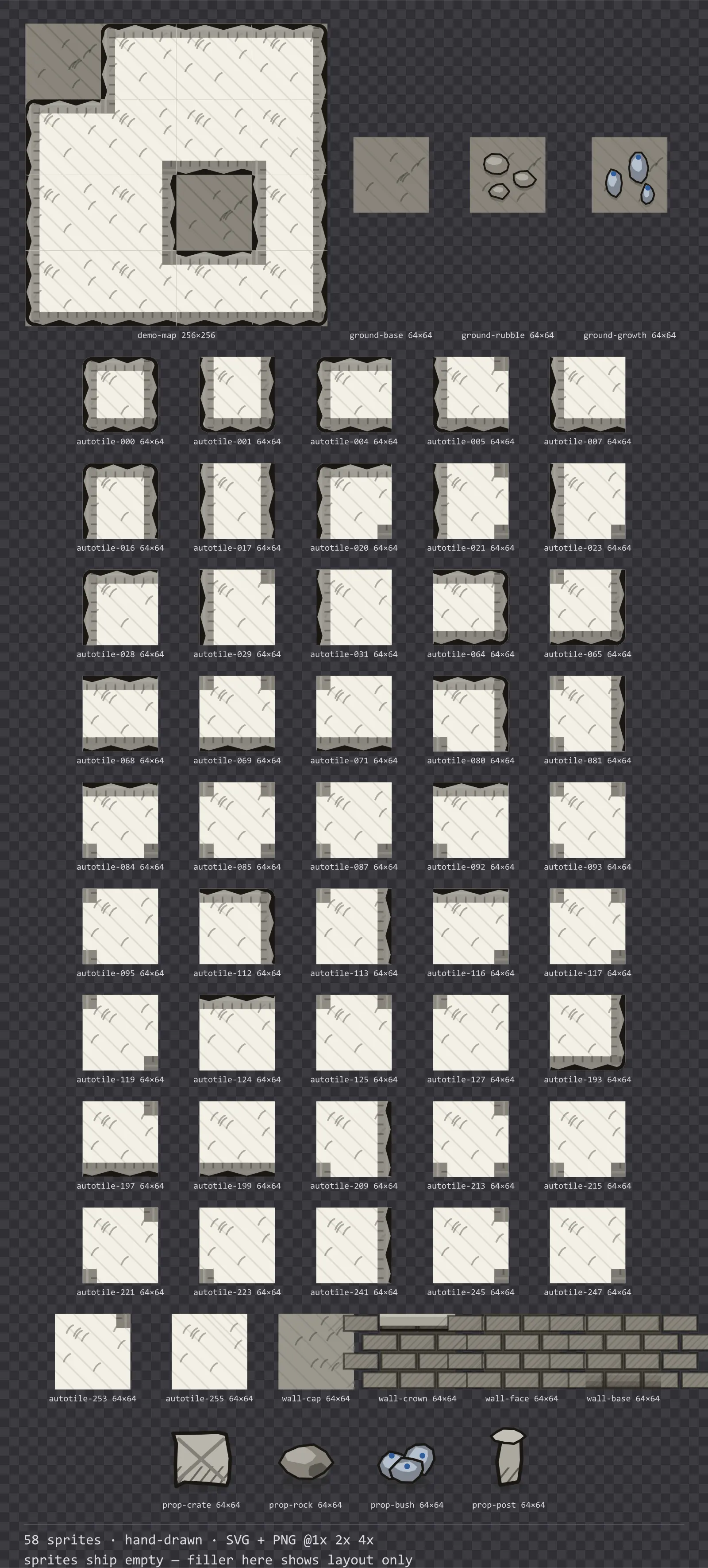 Sheet showing 58 hand-drawn tiles from the Sketch family, arranged on a transparency checkerboard with their pixel sizes printed underneath