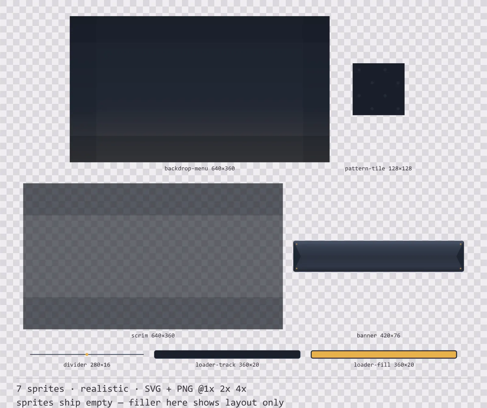 Sheet showing 7 realistic background and overlay pieces from the Slate family, arranged on a transparency checkerboard with their pixel sizes printed underneath