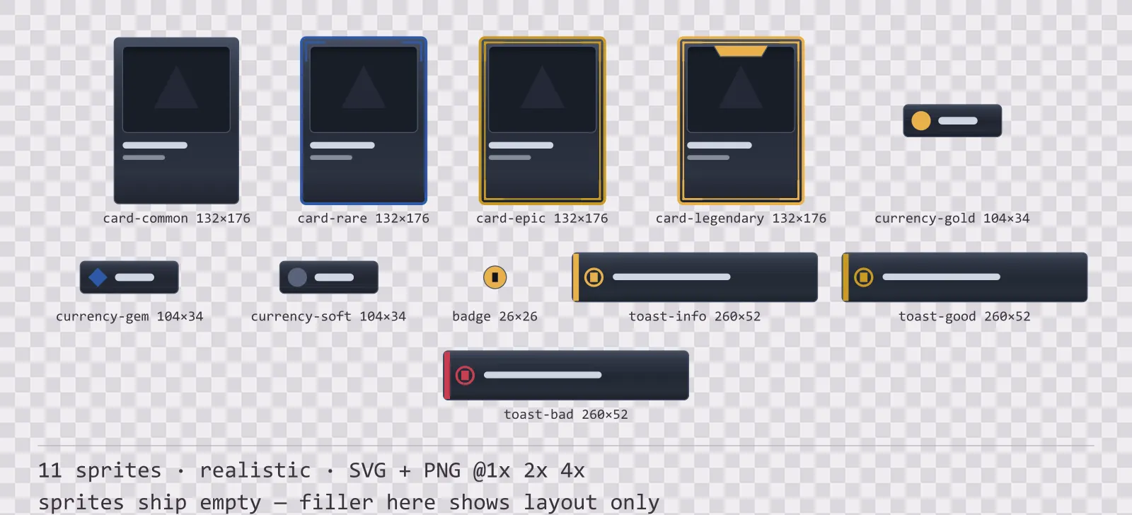 Sheet showing 11 realistic card, currency and notification components from the Slate family, arranged on a transparency checkerboard with their pixel sizes printed underneath