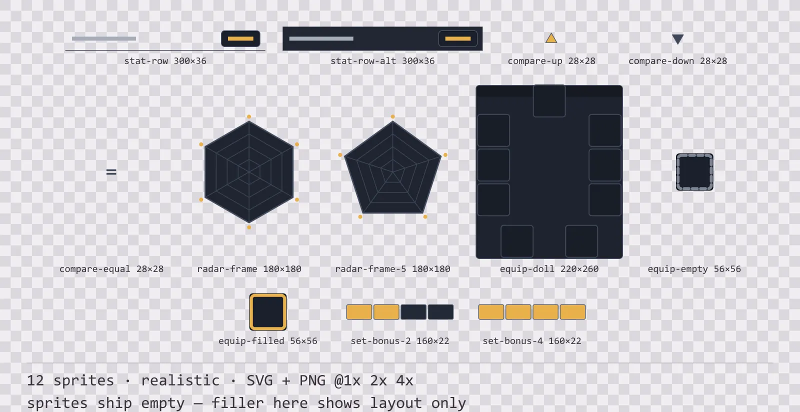 Sheet showing 12 realistic character sheet and stat widgets from the Slate family, arranged on a transparency checkerboard with their pixel sizes printed underneath