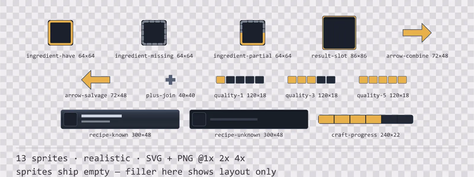 Sheet showing 13 realistic crafting and recipe widgets from the Slate family, arranged on a transparency checkerboard with their pixel sizes printed underneath