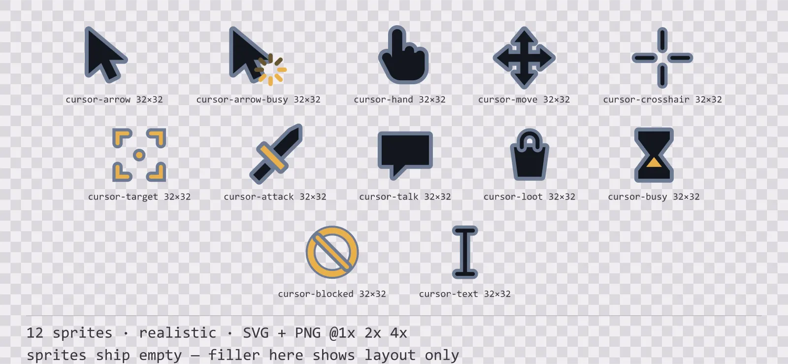 Sheet showing 12 realistic mouse cursors from the Slate family, arranged on a transparency checkerboard with their pixel sizes printed underneath