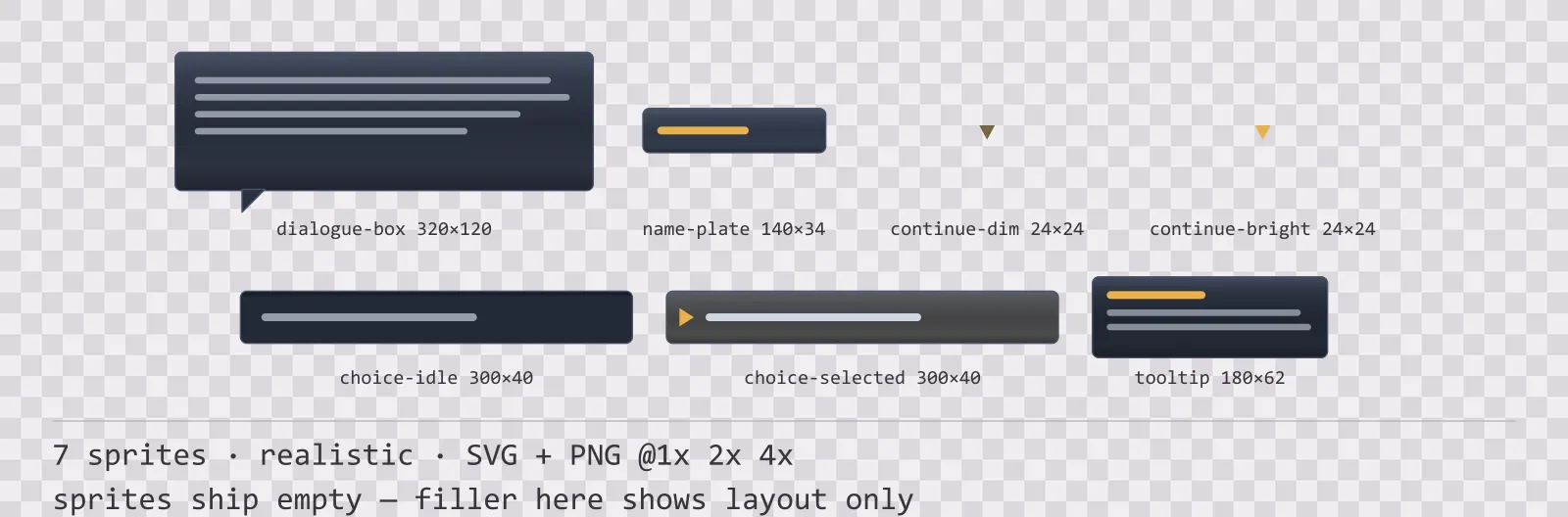 Sheet showing 7 realistic dialogue components from the Slate family, arranged on a transparency checkerboard with their pixel sizes printed underneath