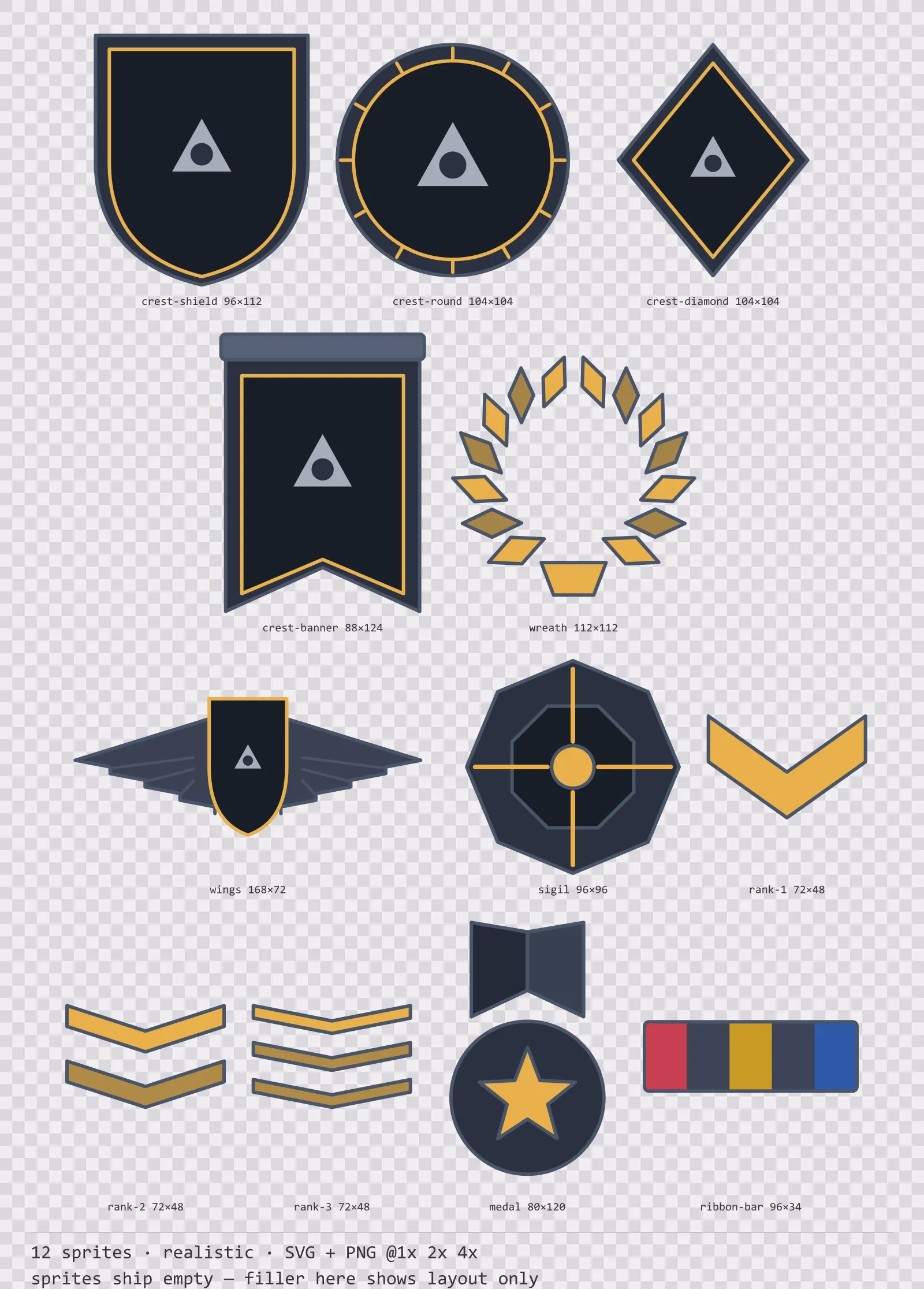 Sheet showing 12 realistic crests, insignia and rank marks from the Slate family, arranged on a transparency checkerboard with their pixel sizes printed underneath
