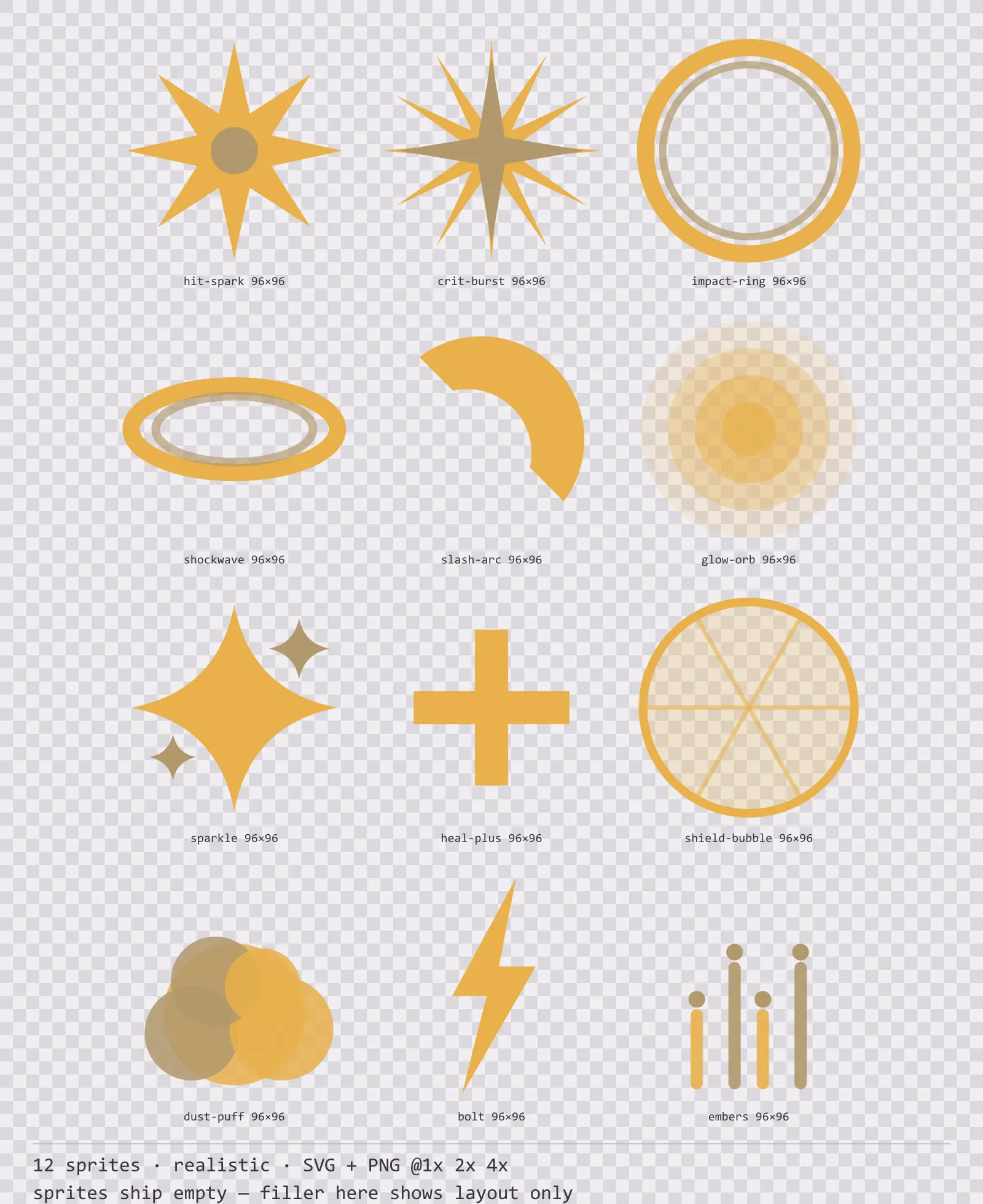 Sheet showing 12 realistic impact and effect sprites from the Slate family, arranged on a transparency checkerboard with their pixel sizes printed underneath