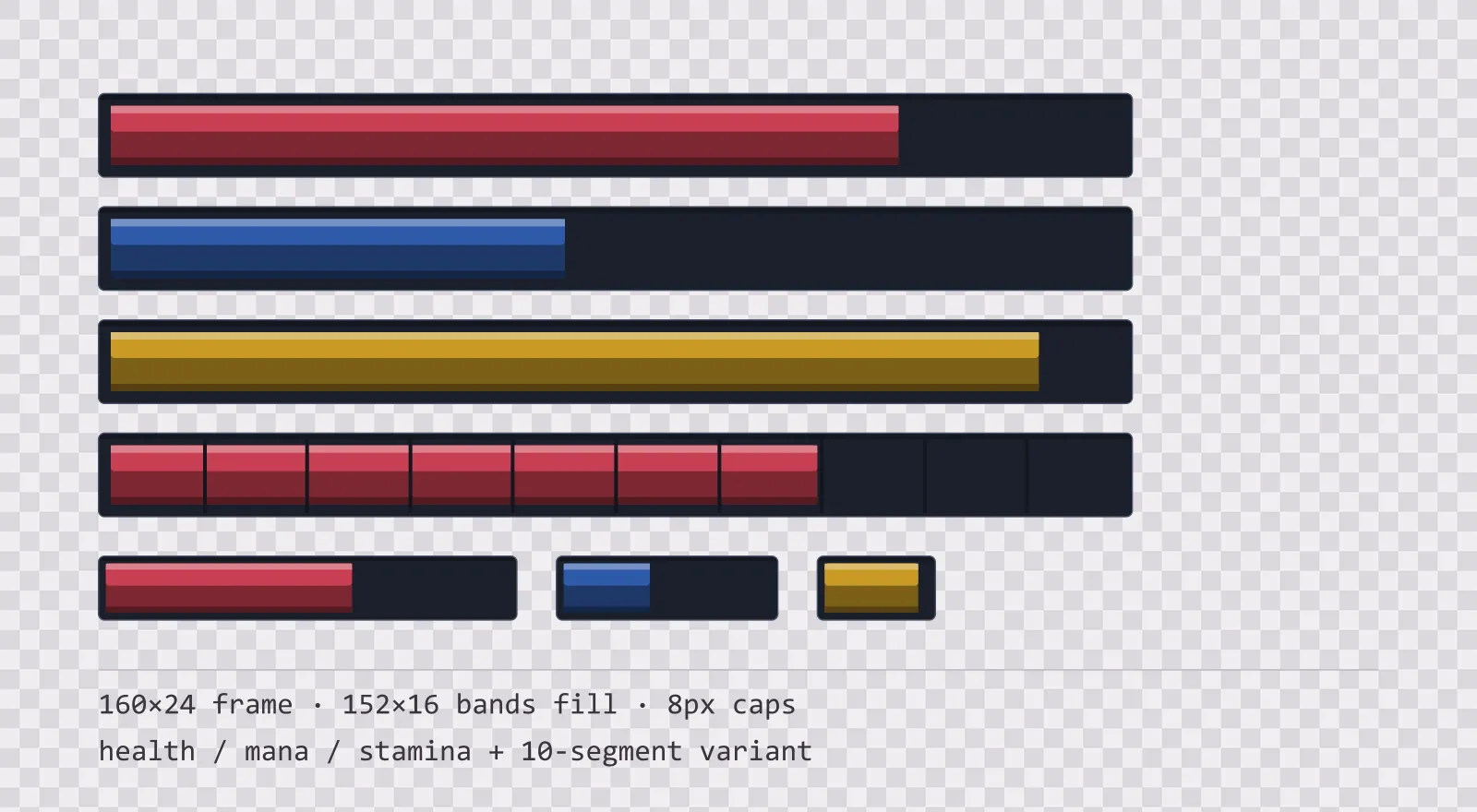 Three horizontal game status bars stacked on a checkerboard background, filled to different levels for health, mana and stamina, with a segmented 10-notch bar and three smaller bars beneath them