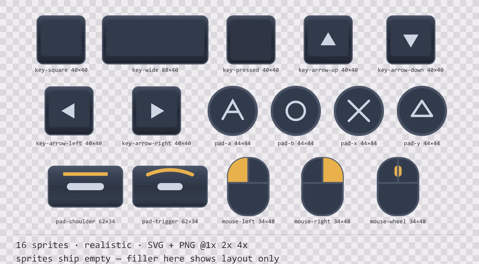 Sheet showing 16 realistic input prompt sprites from the Slate family, arranged on a transparency checkerboard with their pixel sizes printed underneath