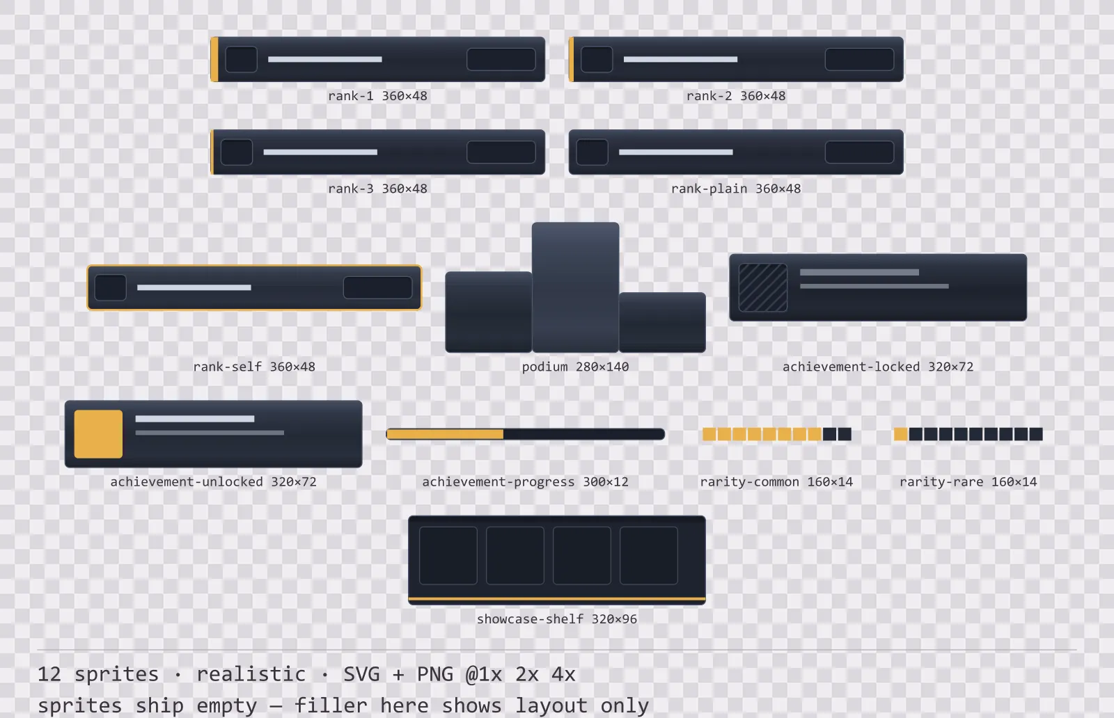Sheet showing 12 realistic leaderboard and achievement widgets from the Slate family, arranged on a transparency checkerboard with their pixel sizes printed underneath