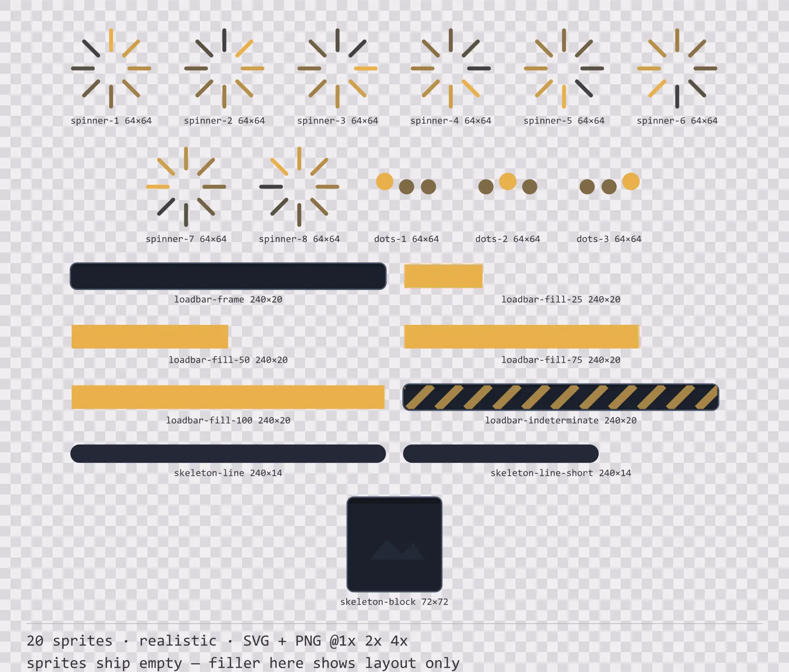 Sheet showing 20 realistic loading and waiting indicators from the Slate family, arranged on a transparency checkerboard with their pixel sizes printed underneath