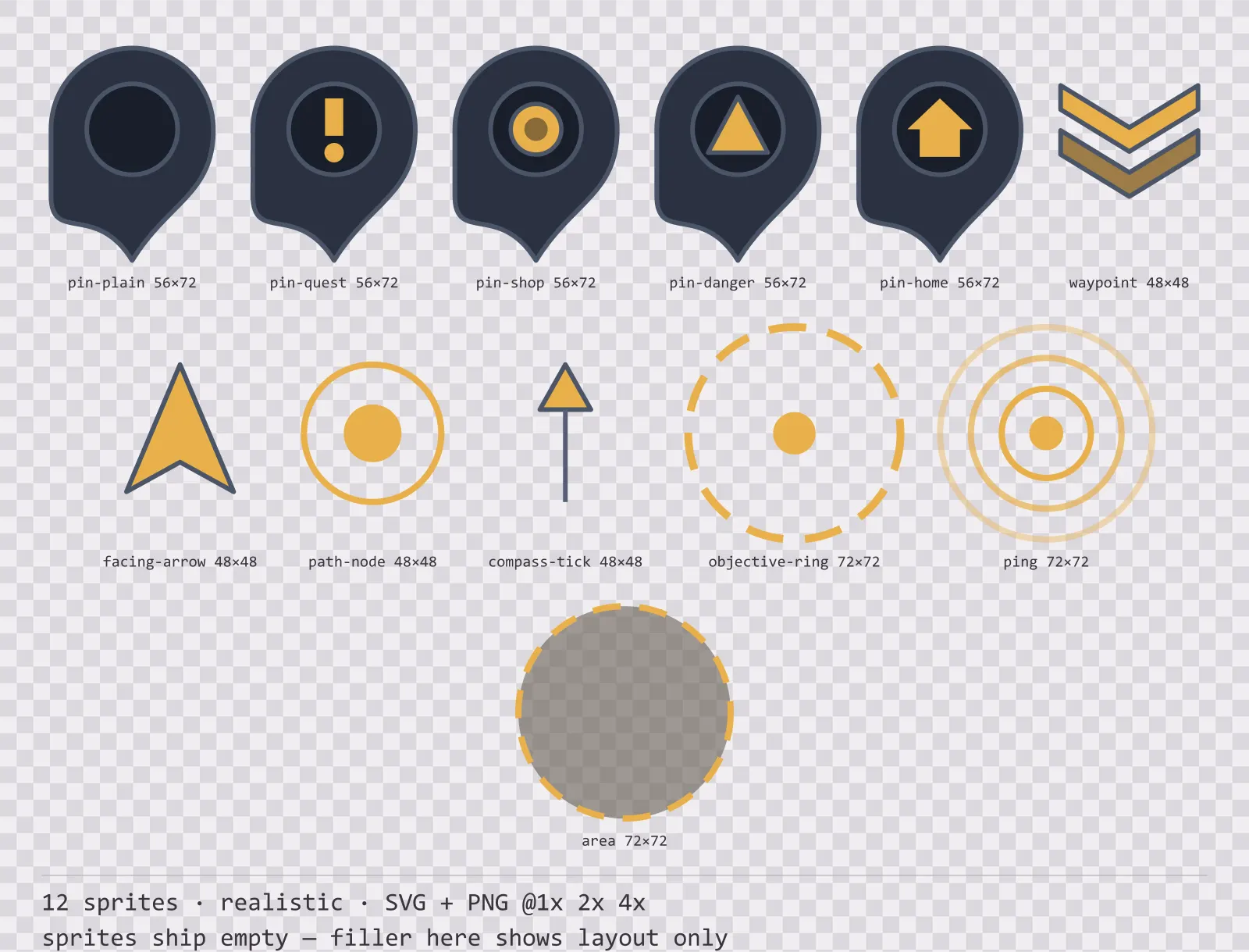 Sheet showing 12 realistic map markers and world indicators from the Slate family, arranged on a transparency checkerboard with their pixel sizes printed underneath