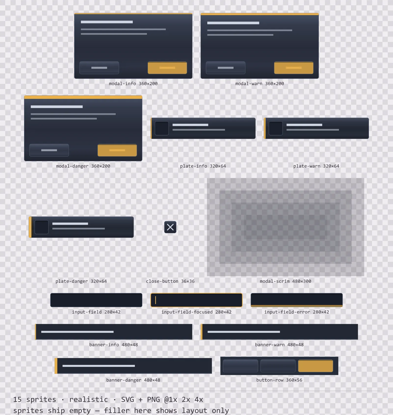 Sheet showing 15 realistic modal dialogs and system notices from the Slate family, arranged on a transparency checkerboard with their pixel sizes printed underneath