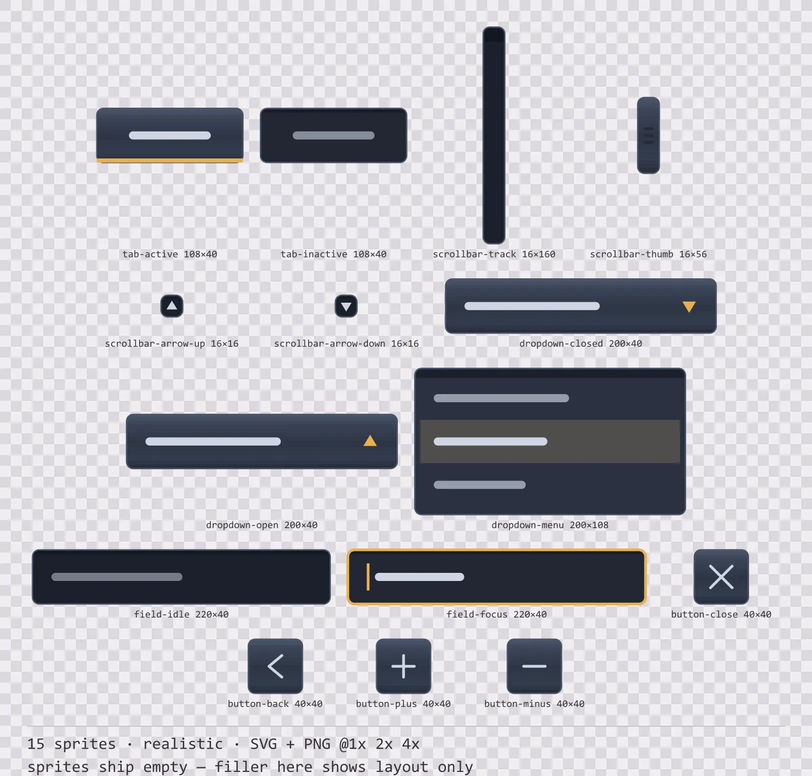 Sheet showing 15 realistic navigation and input components from the Slate family, arranged on a transparency checkerboard with their pixel sizes printed underneath