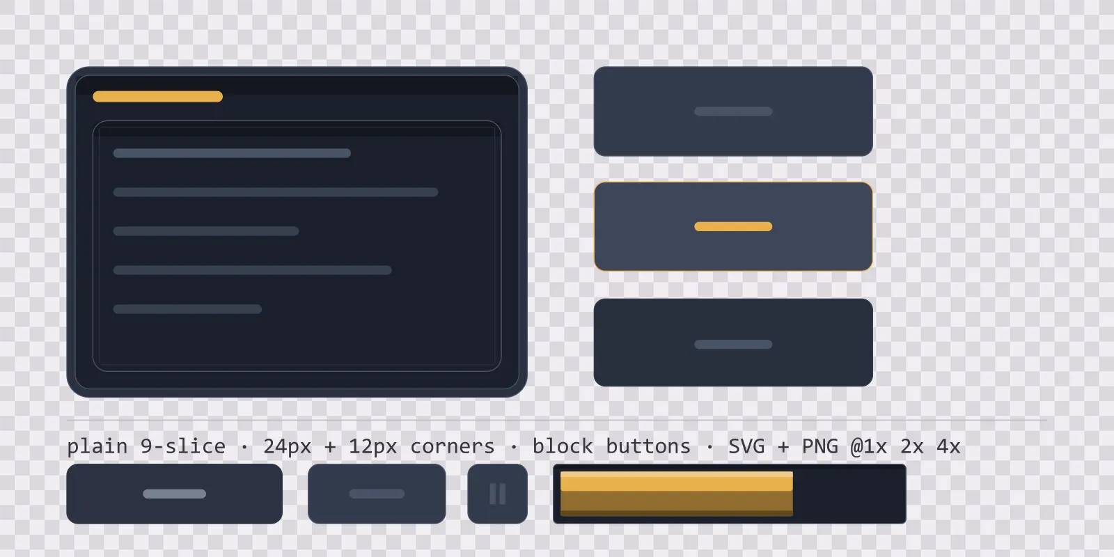 dark slate game menu panel with a warm gold title strip and a recessed list area, next to a column showing the same square button in default, outlined hover and pushed-in pressed states