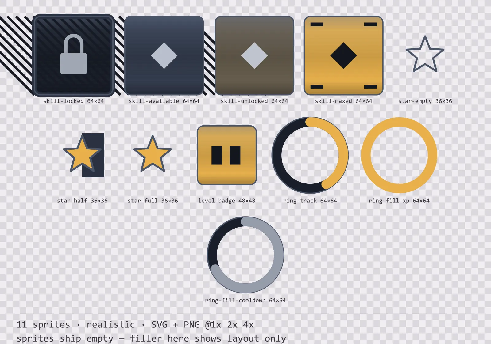 Sheet showing 11 realistic progression and reward components from the Slate family, arranged on a transparency checkerboard with their pixel sizes printed underneath