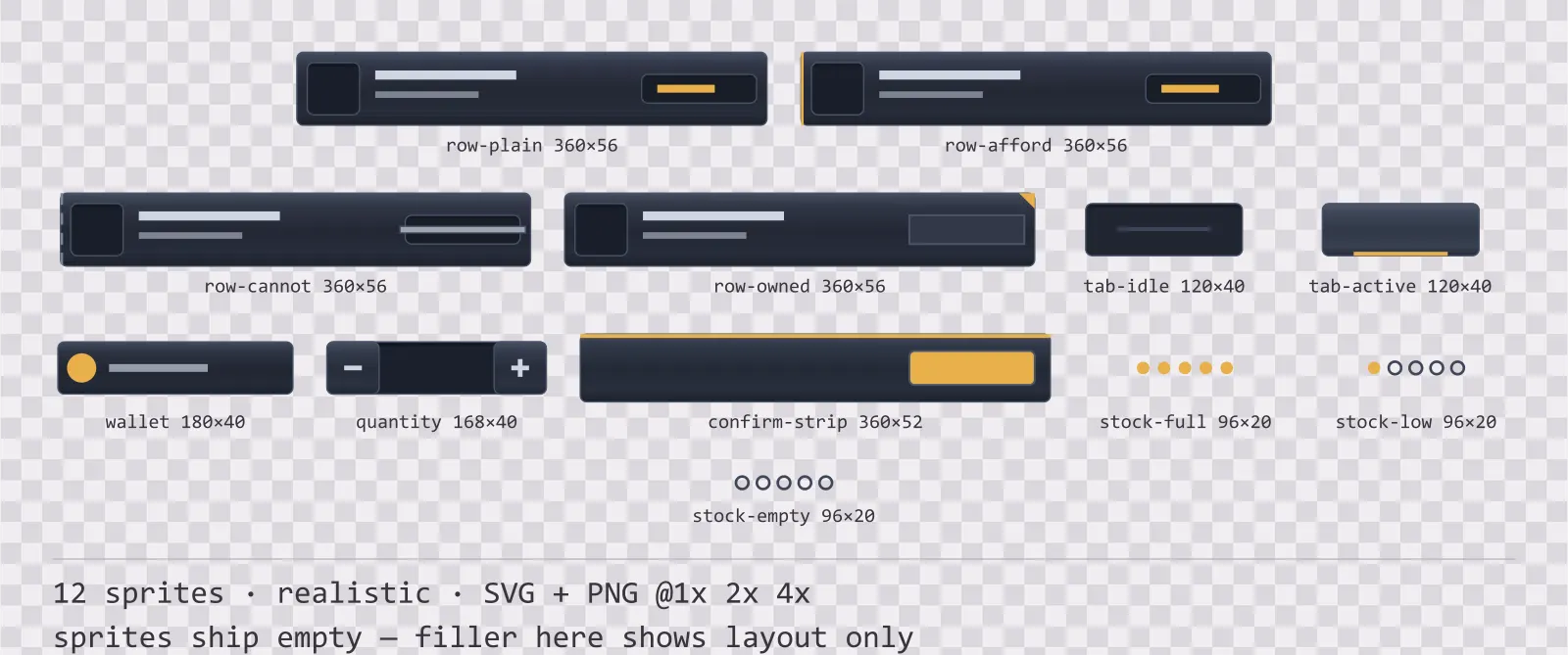 Sheet showing 12 realistic shop and economy widgets from the Slate family, arranged on a transparency checkerboard with their pixel sizes printed underneath