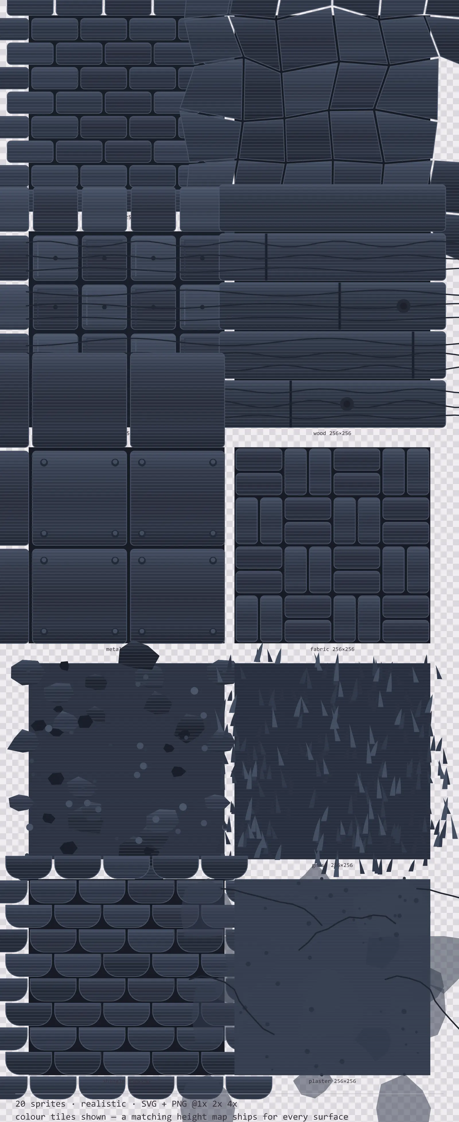 Sheet showing 20 realistic tiling surface textures from the Slate family, arranged on a transparency checkerboard with their pixel sizes printed underneath