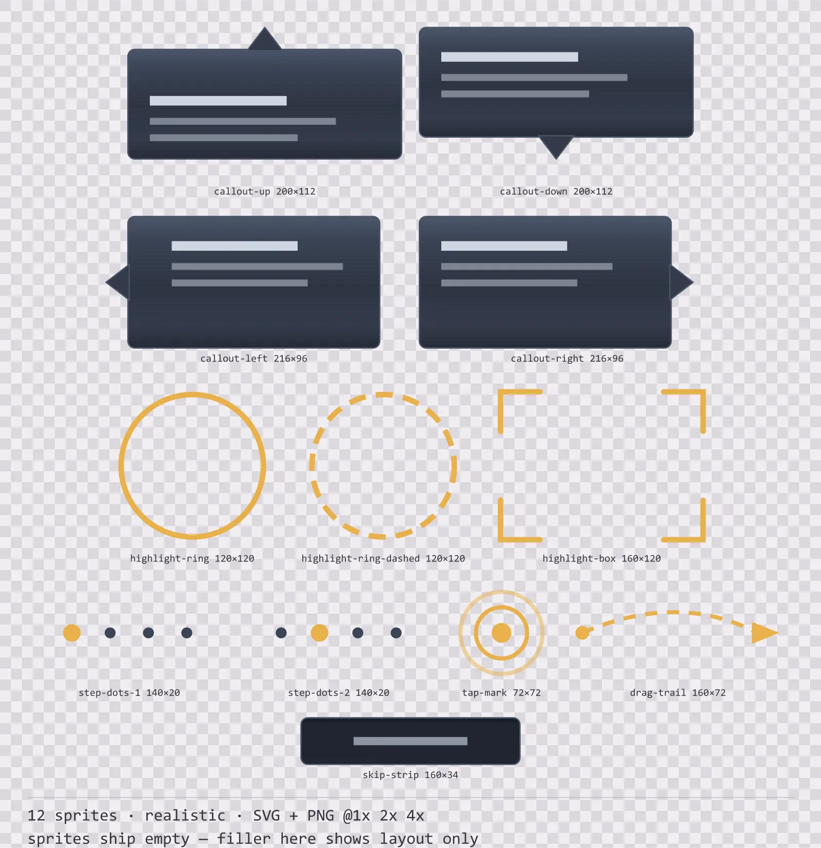 Sheet showing 12 realistic tutorial and onboarding markers from the Slate family, arranged on a transparency checkerboard with their pixel sizes printed underneath
