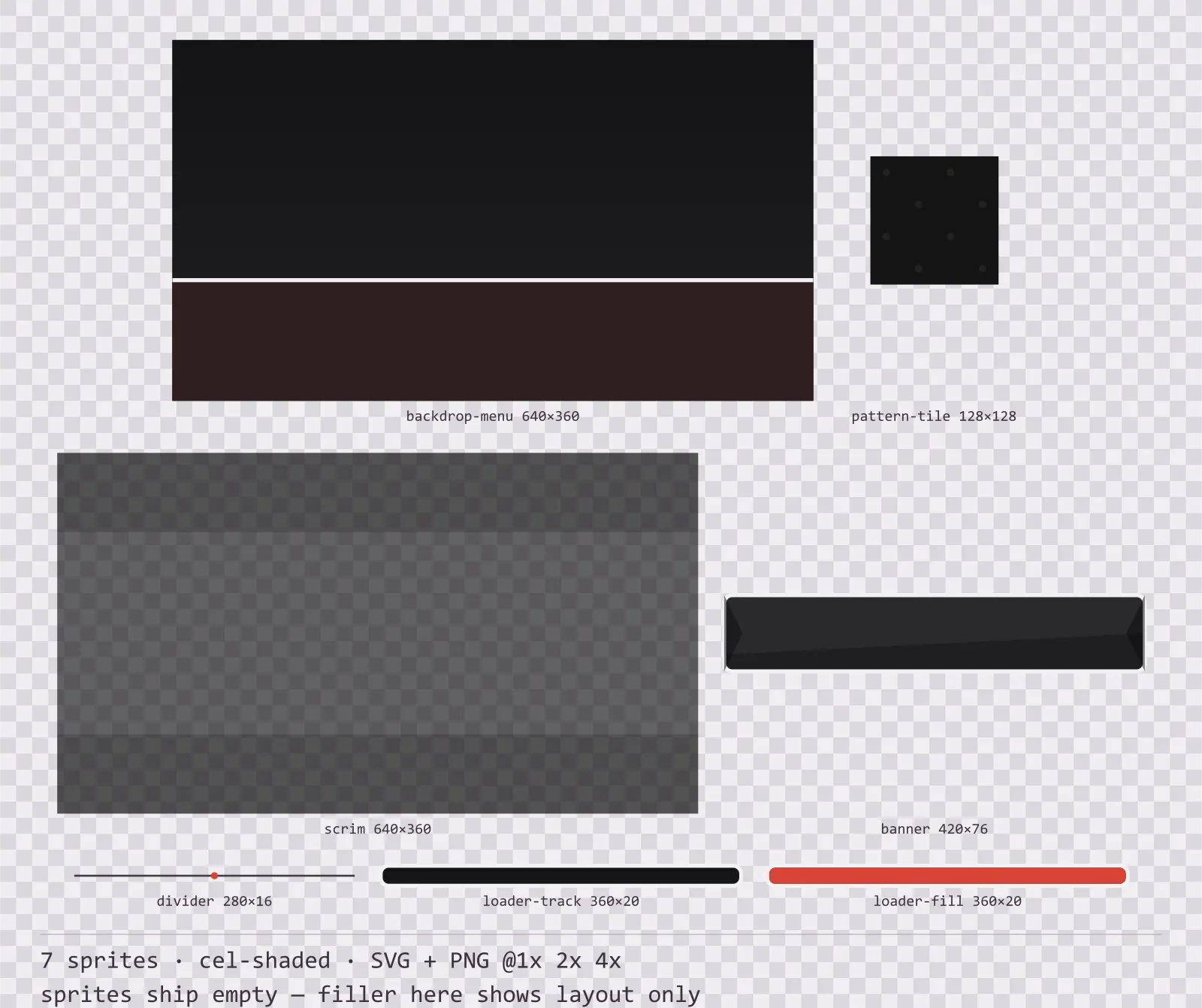 Sheet showing 7 cel-shaded background and overlay pieces from the Sumi family, arranged on a transparency checkerboard with their pixel sizes printed underneath