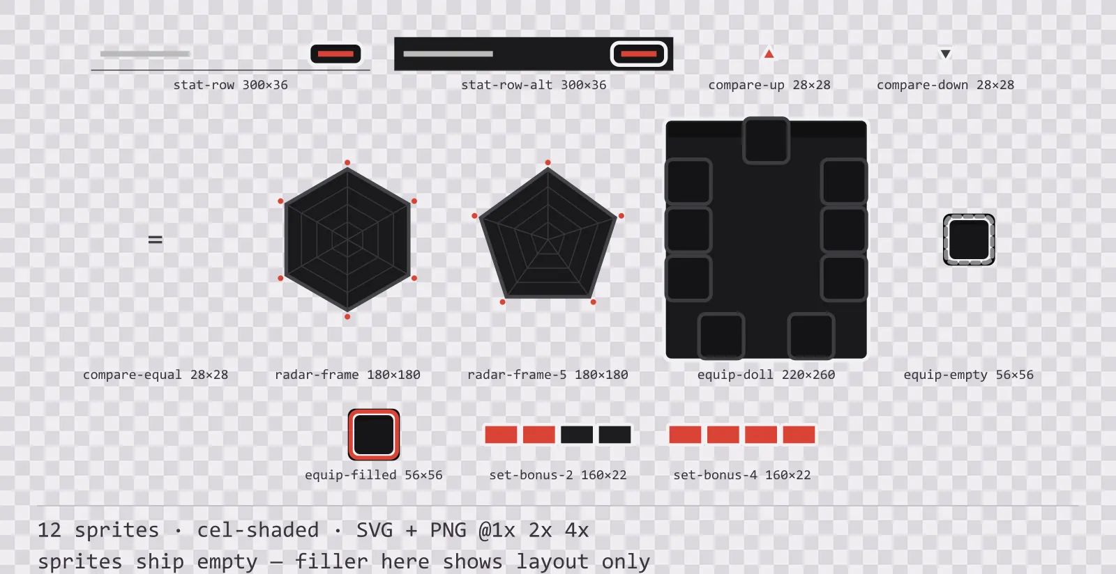 Sheet showing 12 cel-shaded character sheet and stat widgets from the Sumi family, arranged on a transparency checkerboard with their pixel sizes printed underneath