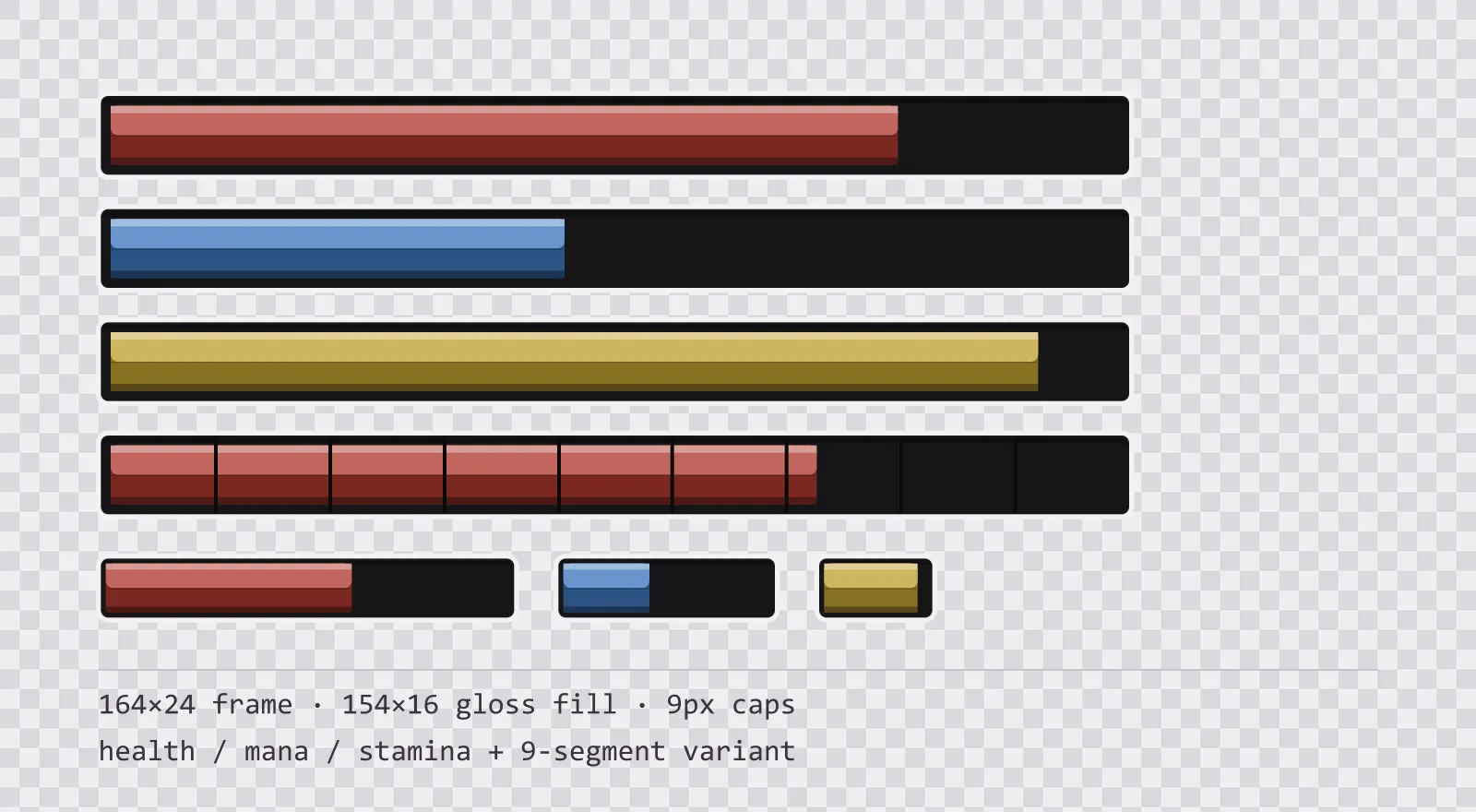 Three horizontal game status bars stacked on a checkerboard background, filled to different levels for health, mana and stamina, with a segmented 9-notch bar and three smaller bars beneath them