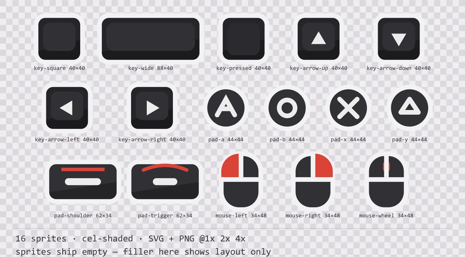 Sheet showing 16 cel-shaded input prompt sprites from the Sumi family, arranged on a transparency checkerboard with their pixel sizes printed underneath
