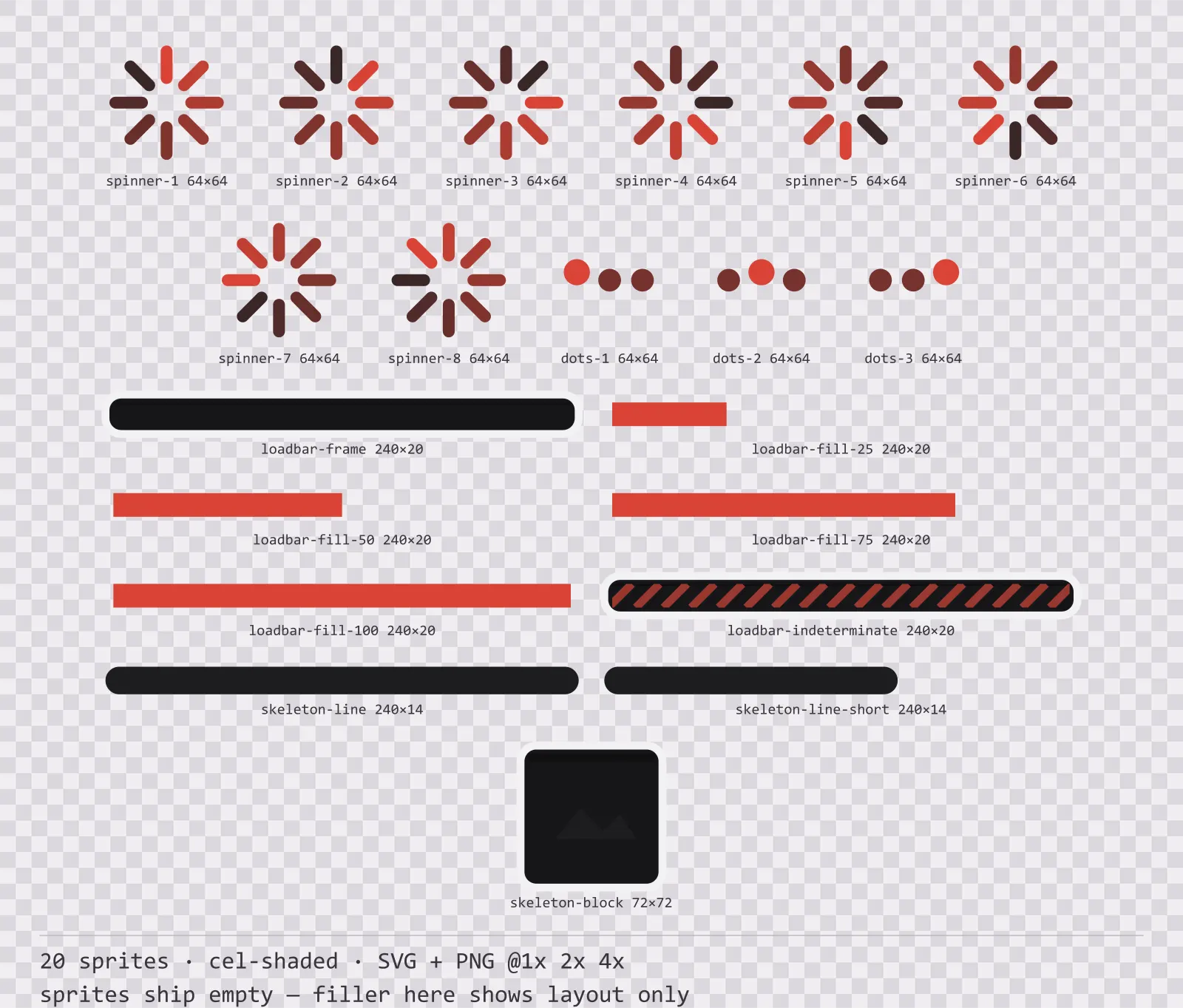 Sheet showing 20 cel-shaded loading and waiting indicators from the Sumi family, arranged on a transparency checkerboard with their pixel sizes printed underneath