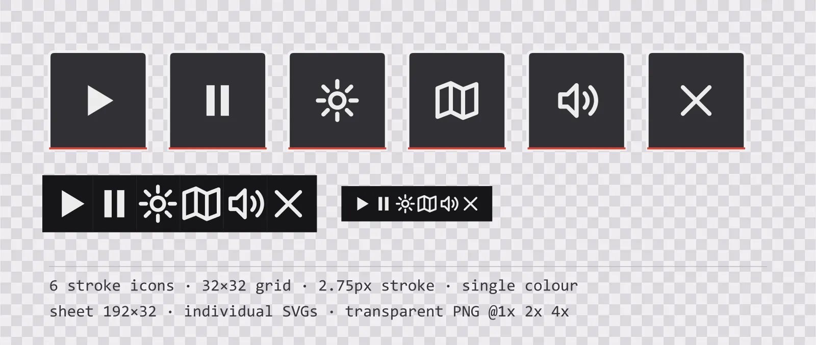 Six outlined game menu icons on ink wash tiles, shown large, laid out on a sheet grid, and again at actual 32 pixel size