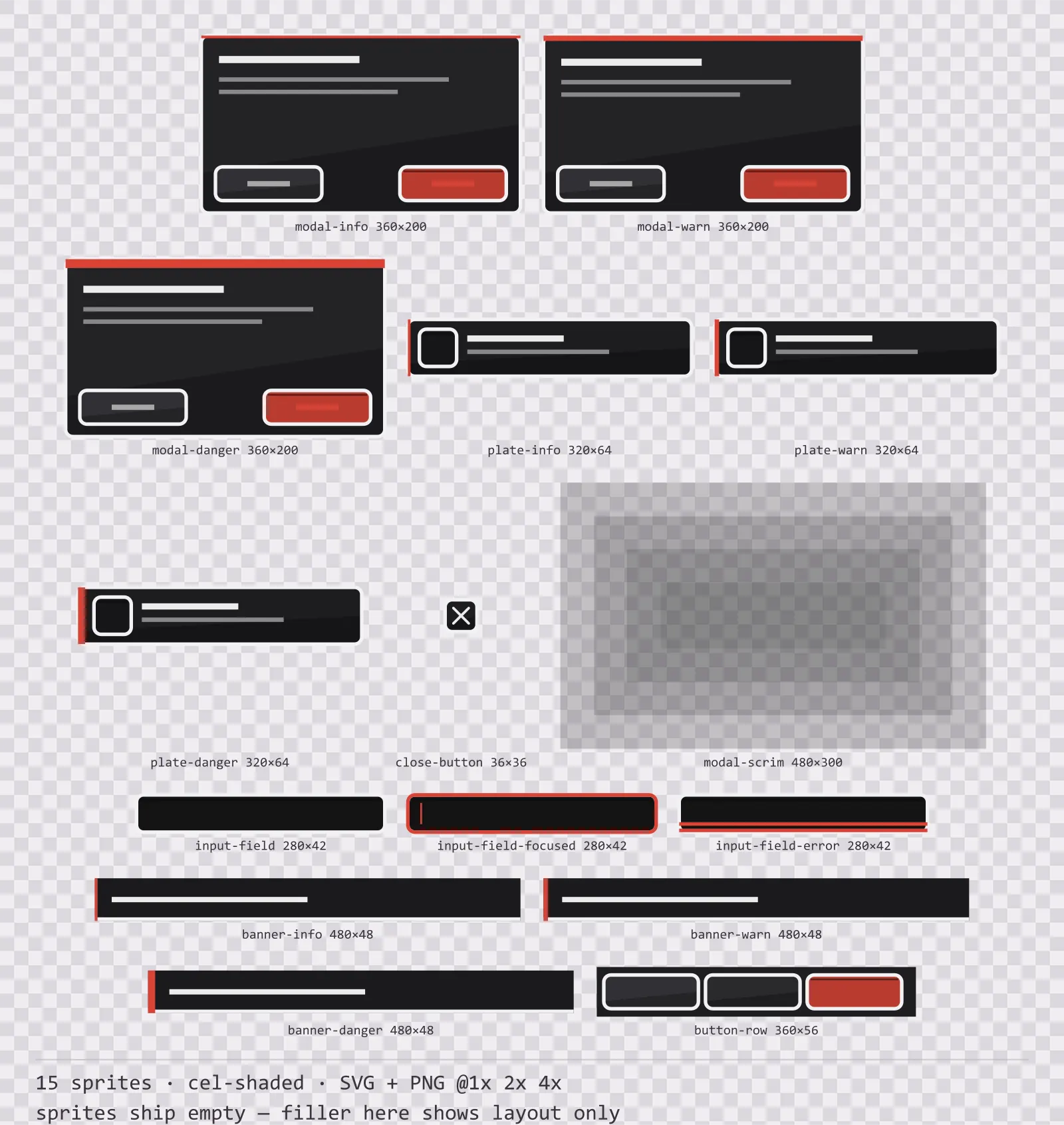 Sheet showing 15 cel-shaded modal dialogs and system notices from the Sumi family, arranged on a transparency checkerboard with their pixel sizes printed underneath