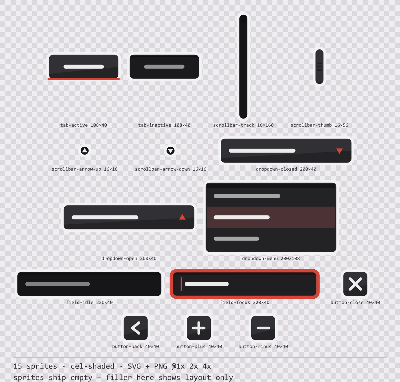Sheet showing 15 cel-shaded navigation and input components from the Sumi family, arranged on a transparency checkerboard with their pixel sizes printed underneath