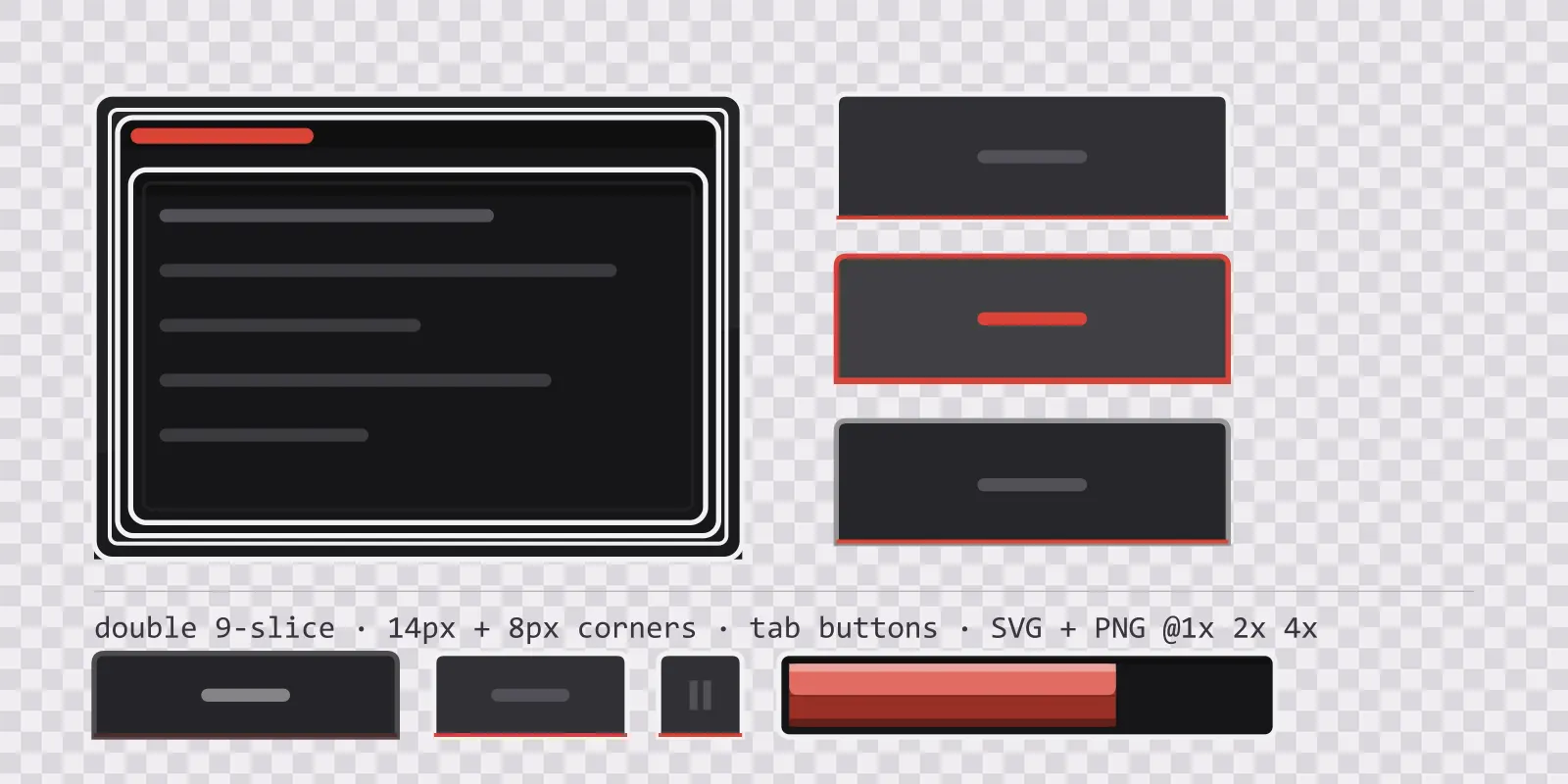 ink wash game menu panel with a seal red title strip and a recessed list area, next to a column showing the same tab button in default, outlined hover and pushed-in pressed states