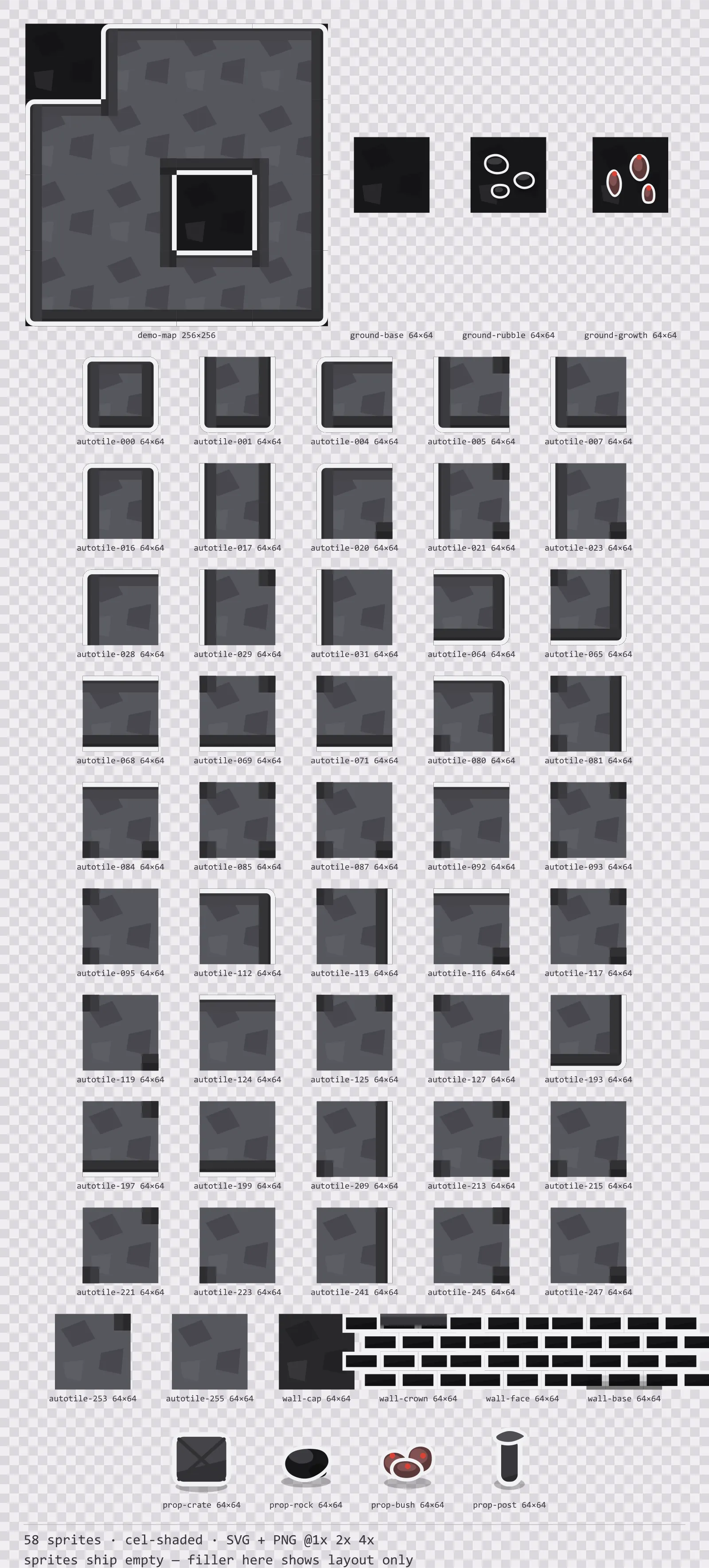 Sheet showing 58 cel-shaded tiles from the Sumi family, arranged on a transparency checkerboard with their pixel sizes printed underneath