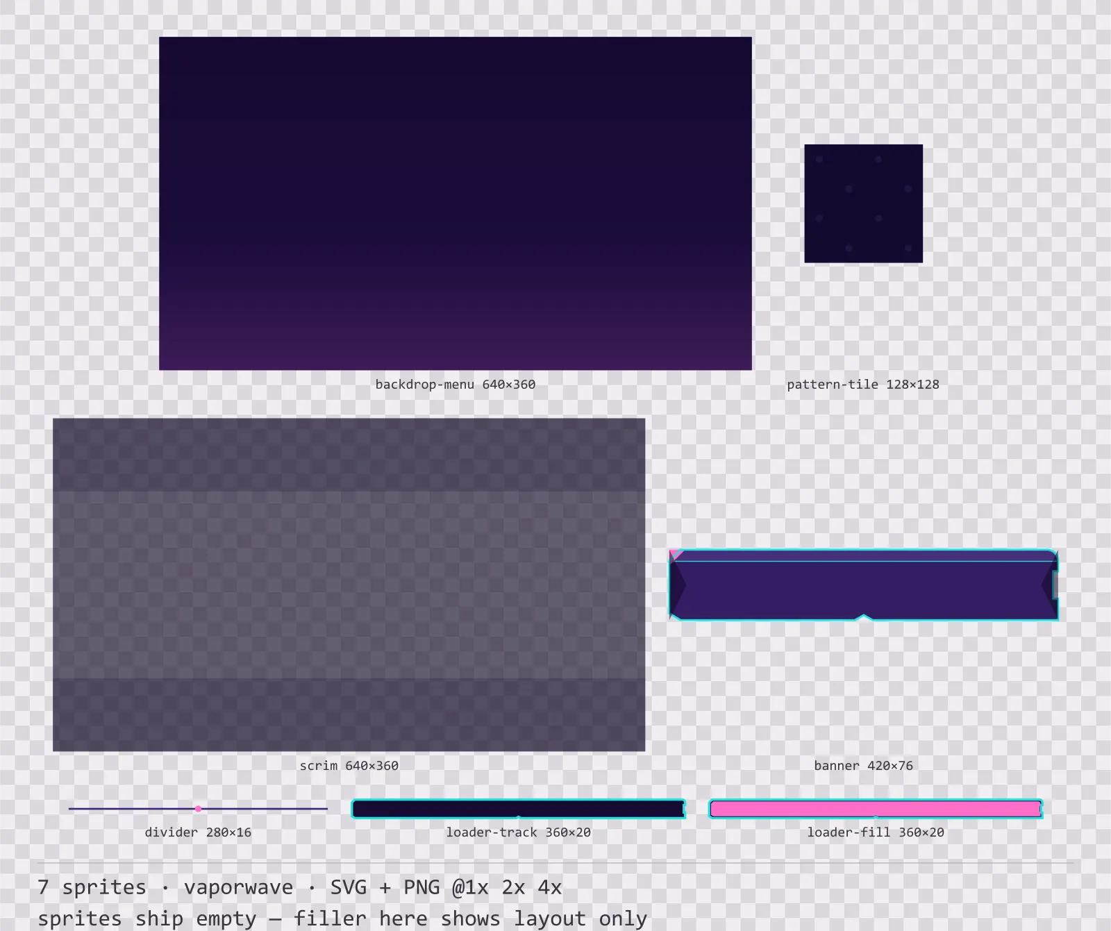 Sheet showing 7 vaporwave background and overlay pieces from the Sunset Drive family, arranged on a transparency checkerboard with their pixel sizes printed underneath