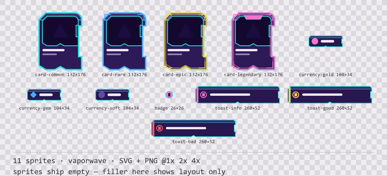 Sheet showing 11 vaporwave card, currency and notification components from the Sunset Drive family, arranged on a transparency checkerboard with their pixel sizes printed underneath