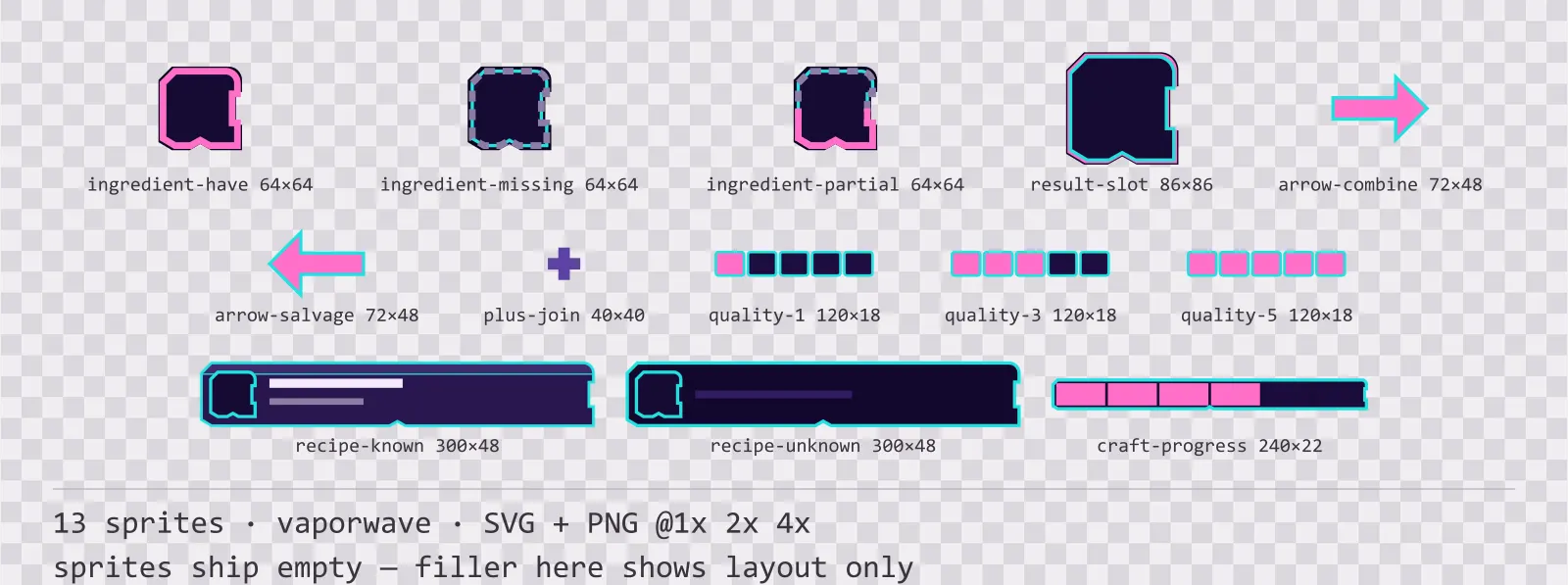Sheet showing 13 vaporwave crafting and recipe widgets from the Sunset Drive family, arranged on a transparency checkerboard with their pixel sizes printed underneath