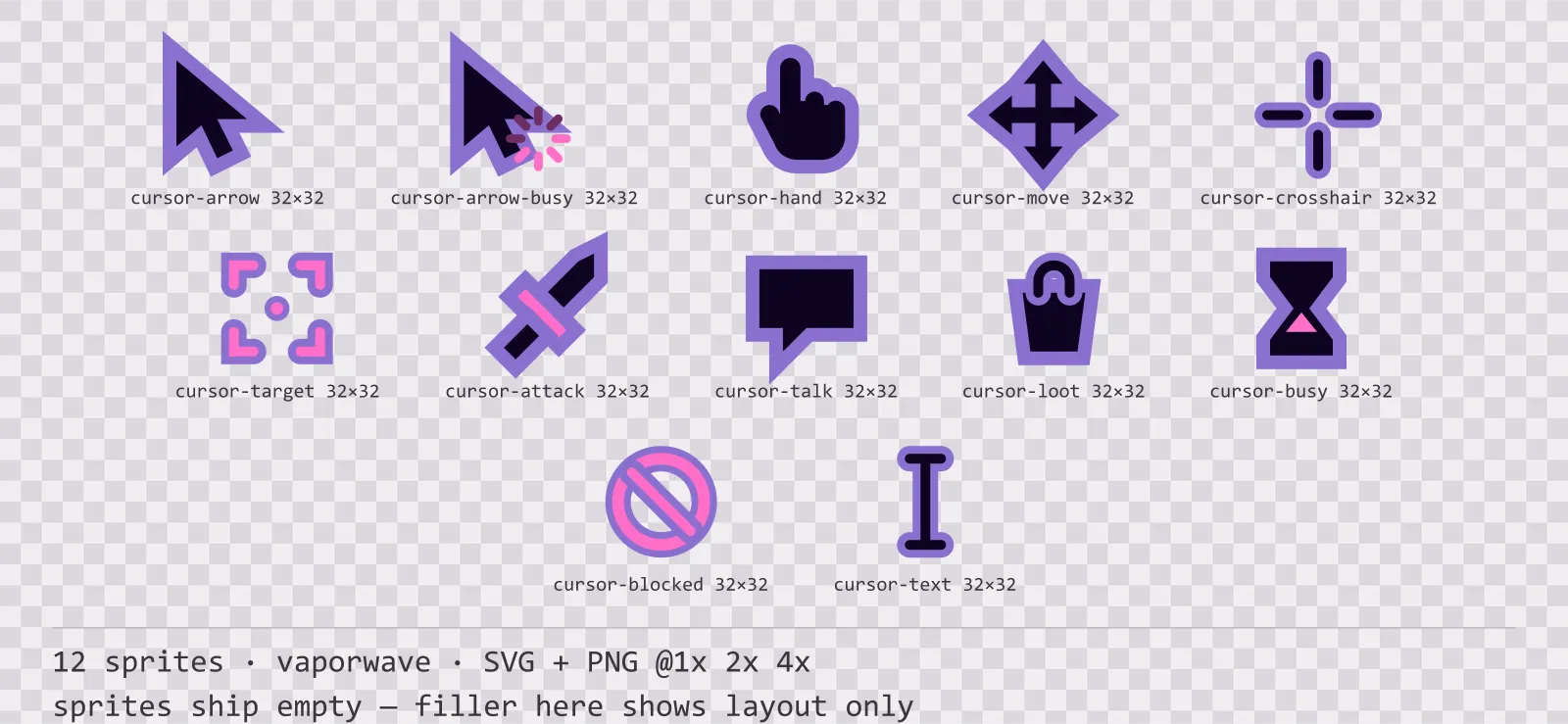Sheet showing 12 vaporwave mouse cursors from the Sunset Drive family, arranged on a transparency checkerboard with their pixel sizes printed underneath