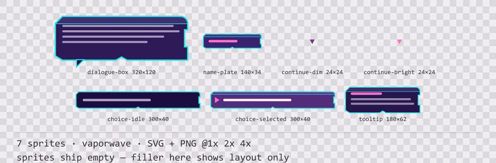 Sheet showing 7 vaporwave dialogue components from the Sunset Drive family, arranged on a transparency checkerboard with their pixel sizes printed underneath