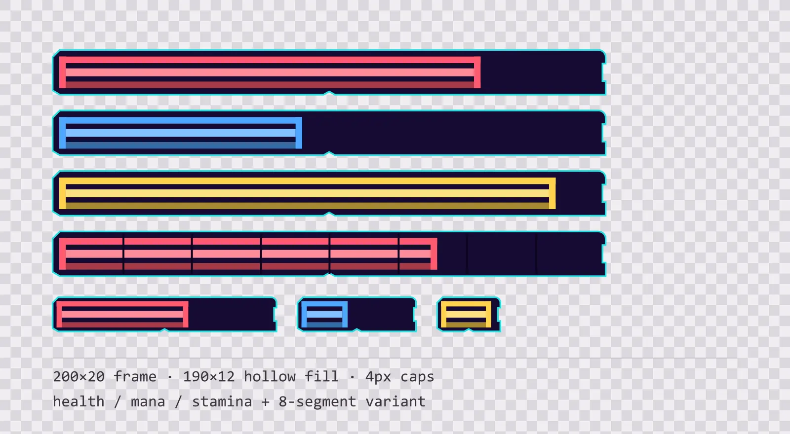 Three horizontal game status bars stacked on a checkerboard background, filled to different levels for health, mana and stamina, with a segmented 8-notch bar and three smaller bars beneath them