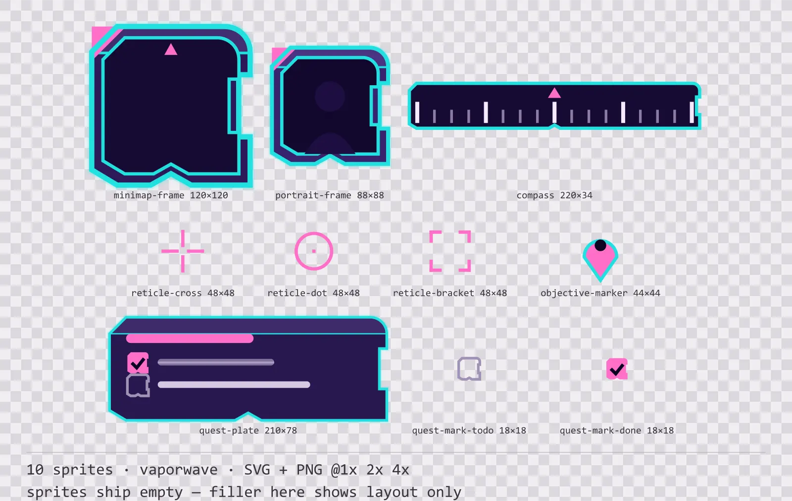 Sheet showing 10 vaporwave heads-up display frames from the Sunset Drive family, arranged on a transparency checkerboard with their pixel sizes printed underneath