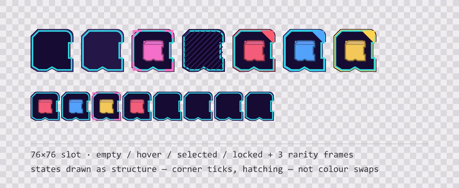 A row of square game inventory slots on a checkerboard background showing empty, hover, selected with corner ticks, and diagonally hatched locked states, followed by coloured rarity frames and a tiled eight-slot grid