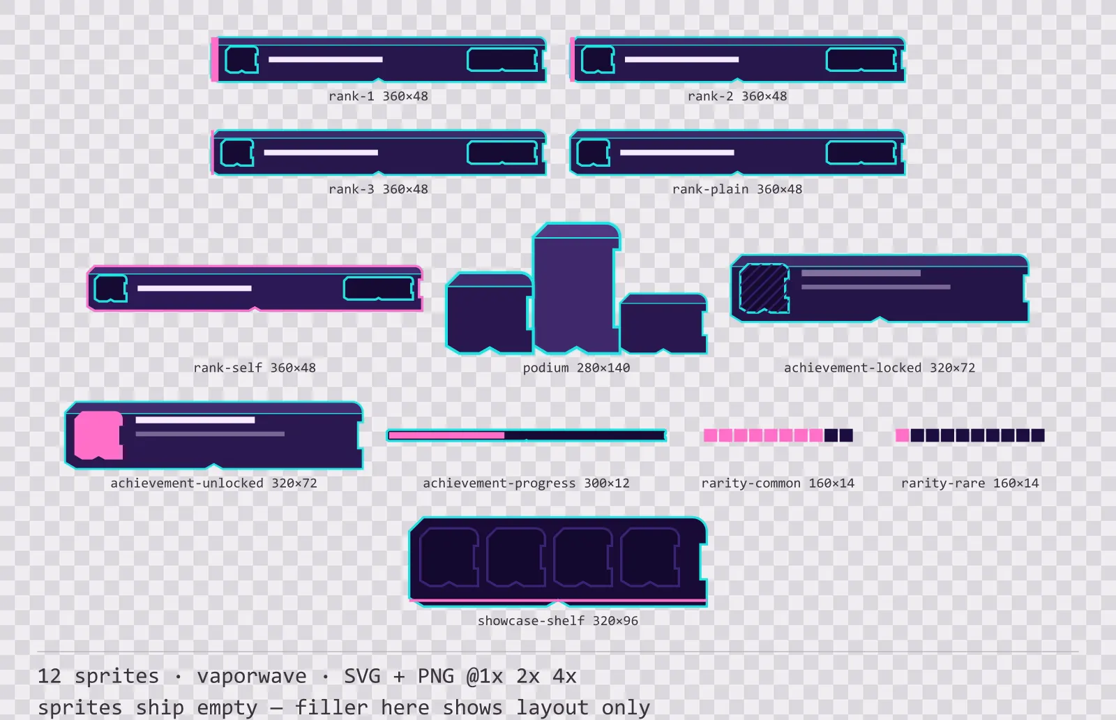 Sheet showing 12 vaporwave leaderboard and achievement widgets from the Sunset Drive family, arranged on a transparency checkerboard with their pixel sizes printed underneath